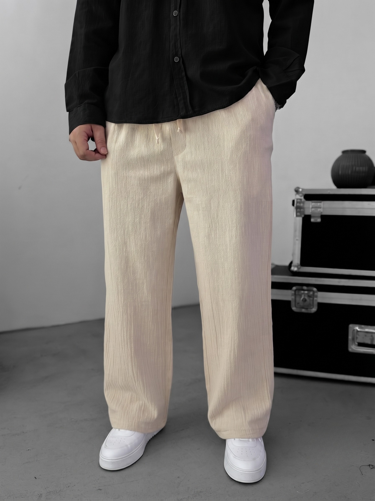 Muslin Wide-Leg Trousers — Beige