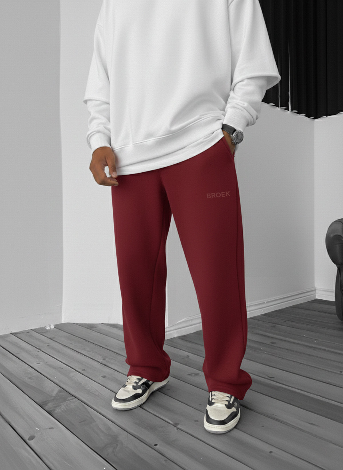Wide-Leg Fleece Sweatpants - Burgundy Broek