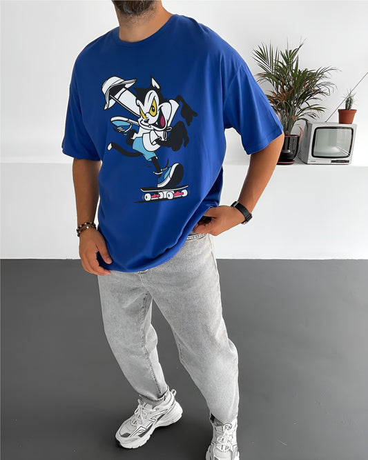 Blue "Cat" Printed Oversize T-Shirt