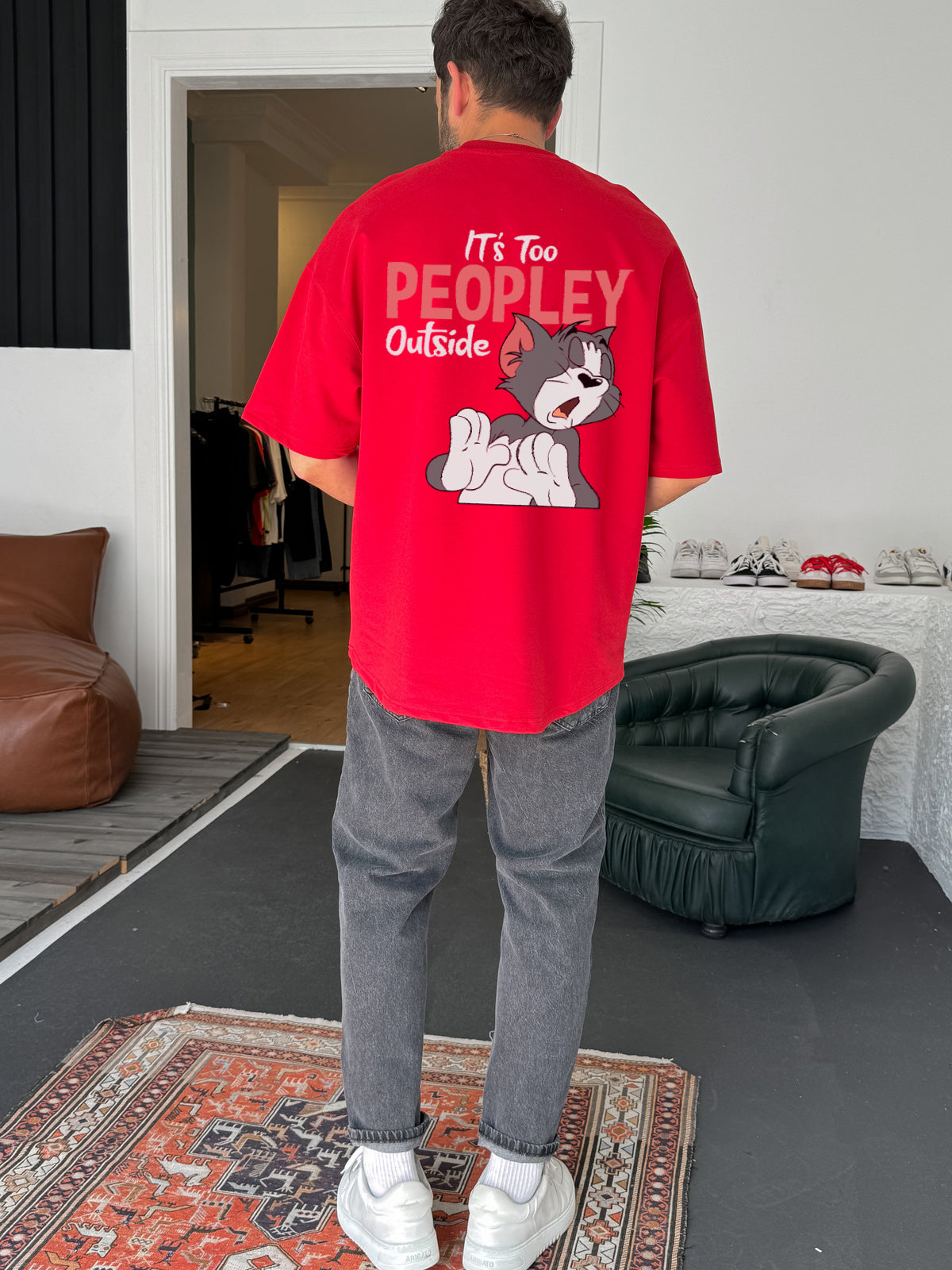 Red "It's too peoply outside" printed Oversize T-Shirt