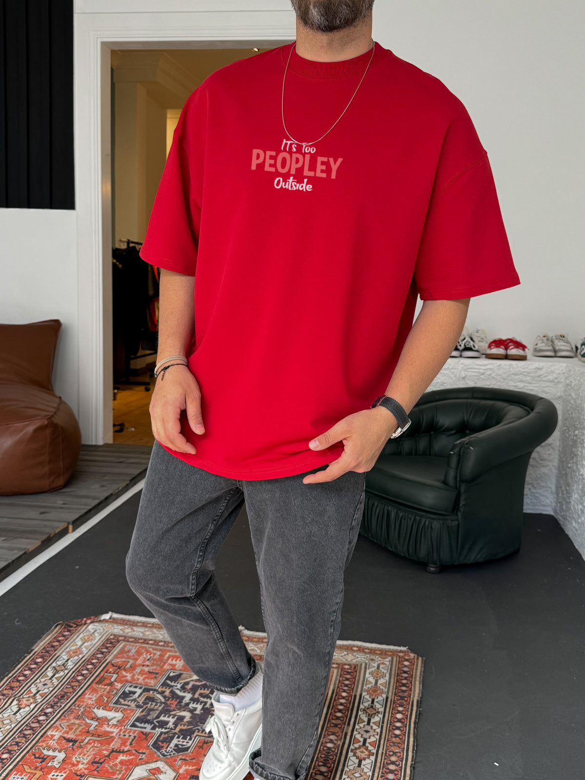 Red "It's too peoply outside" printed Oversize T-Shirt