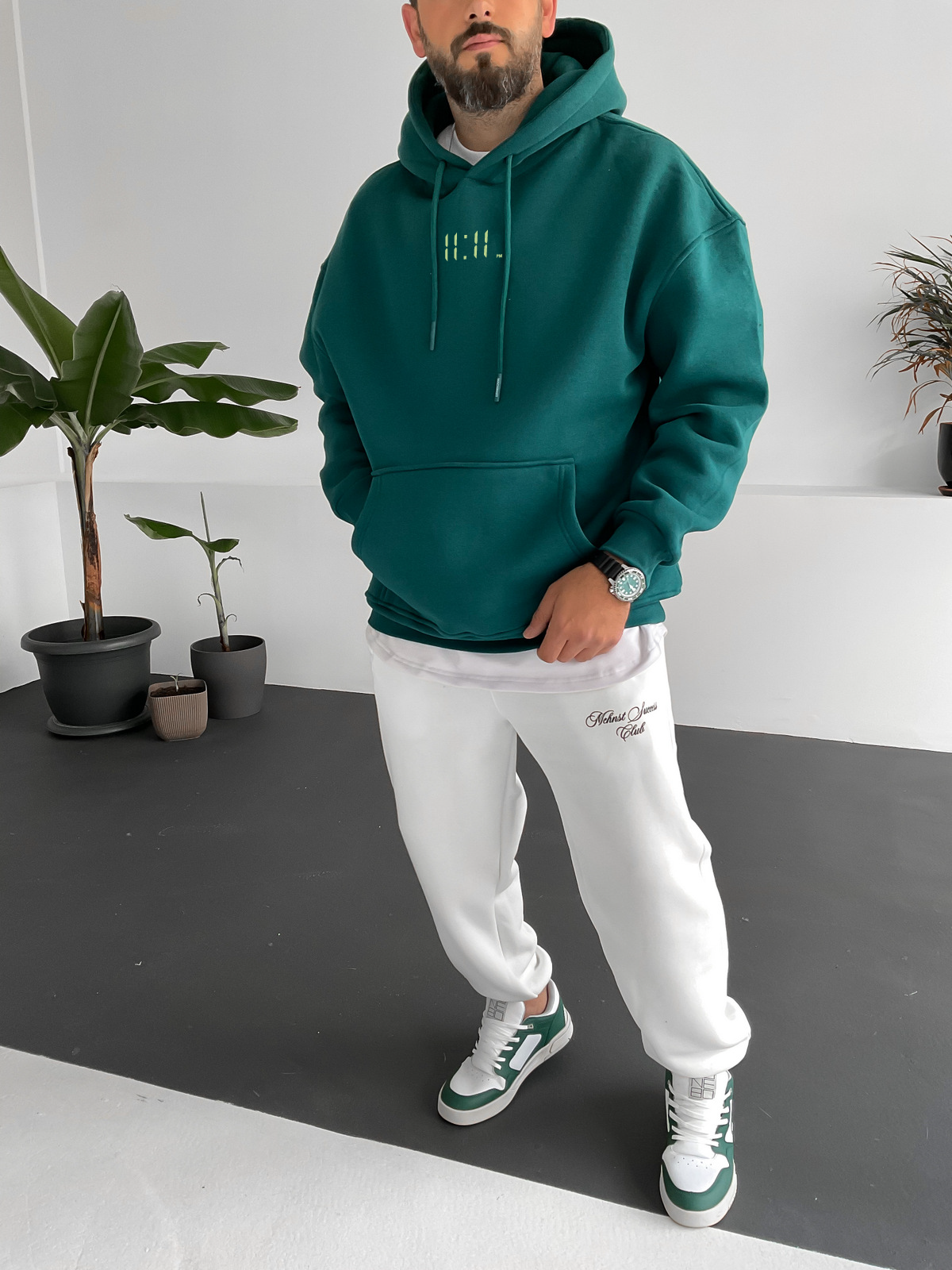 Dark Green "11:11" Printed Oversize Hoodie