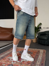 Stone Blue Wash Unfinished Hem Denim Shorts