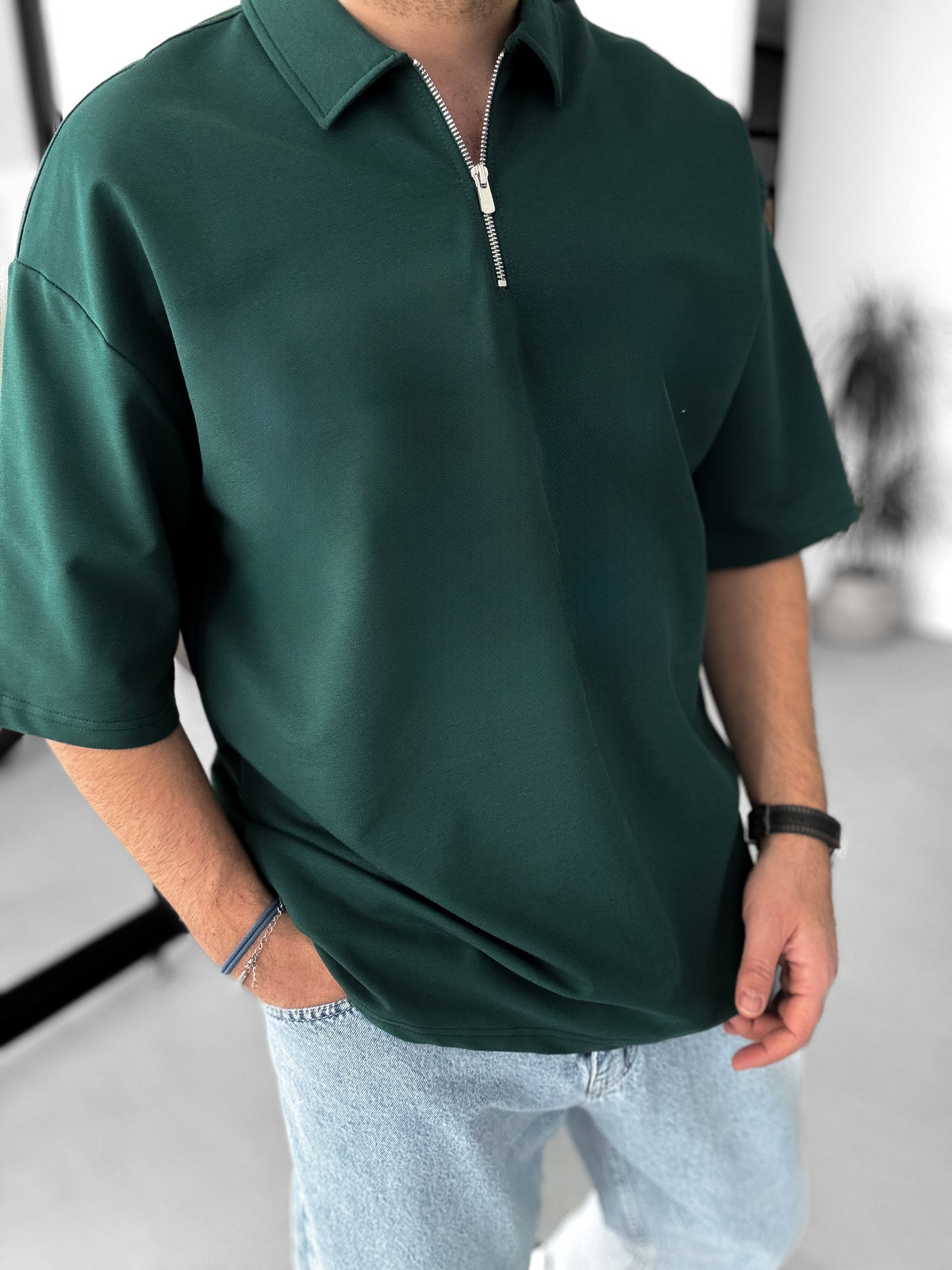 Olive-Green Basic Half Zipper T-Shirt