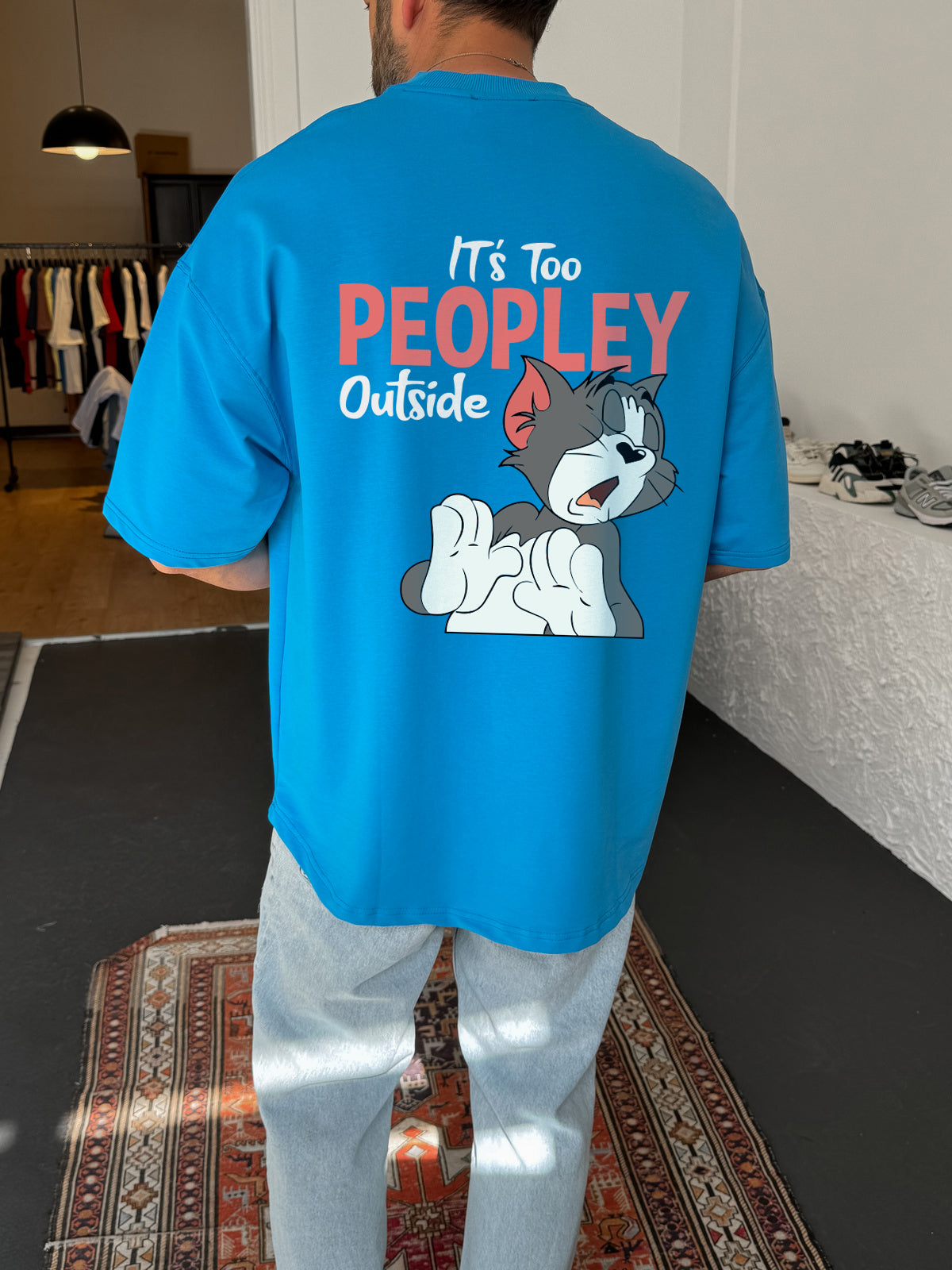 Sky Blue "It's Too Peoply" Printed Oversize T-Shirt