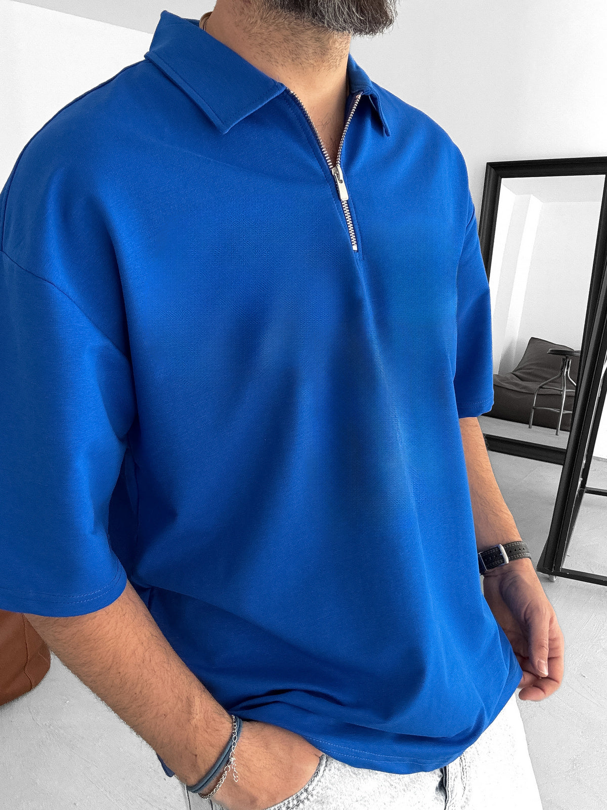 Blue Basic Half Zipper T-Shirt