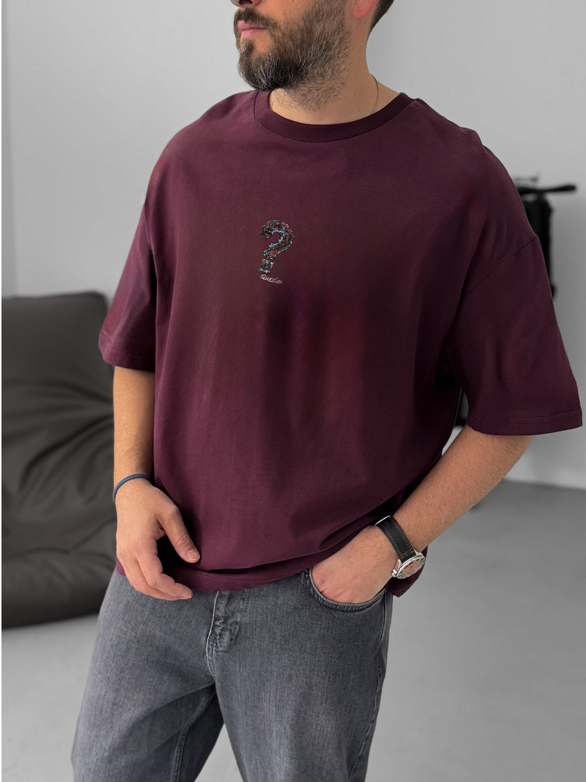 Burgundy "Question" printed Oversize T-Shirt