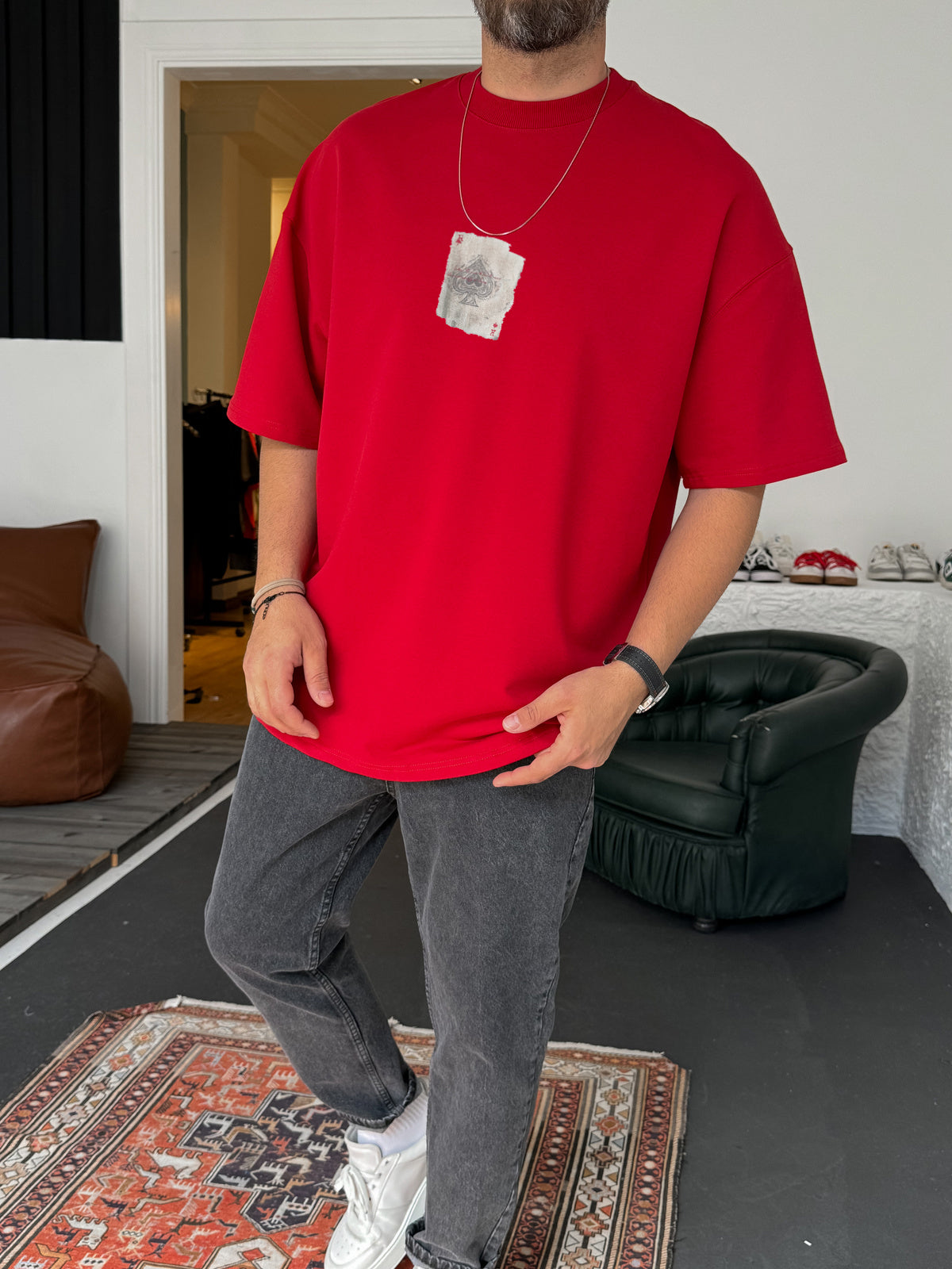 Red "R of spades" printed Oversize T-Shirt