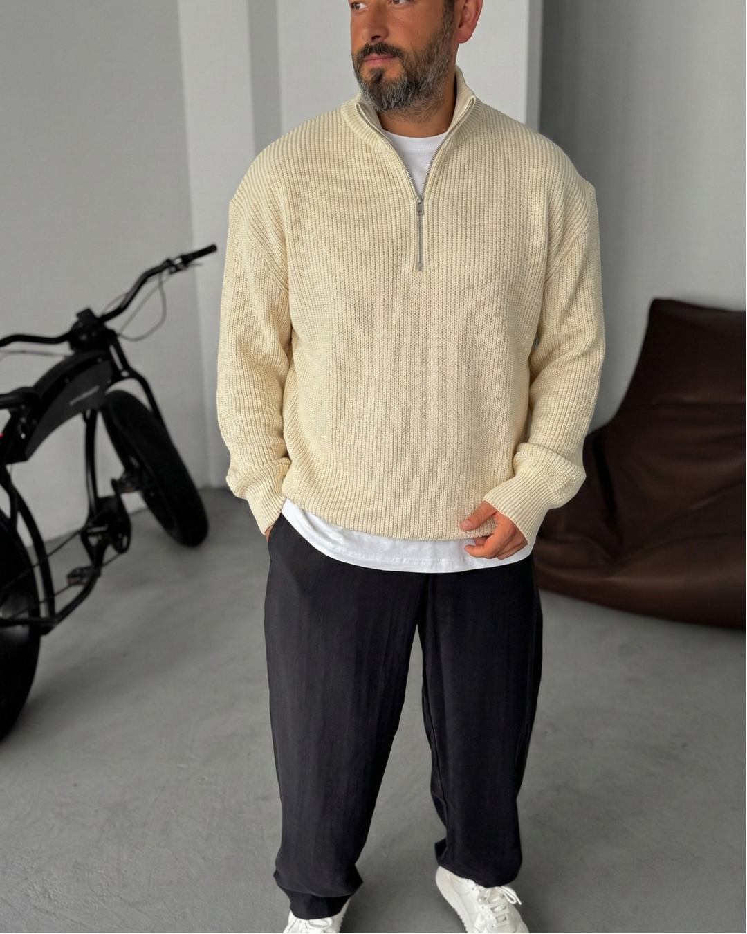 Premium Ribbed Quarter-Zip Knit Sweater - Beige