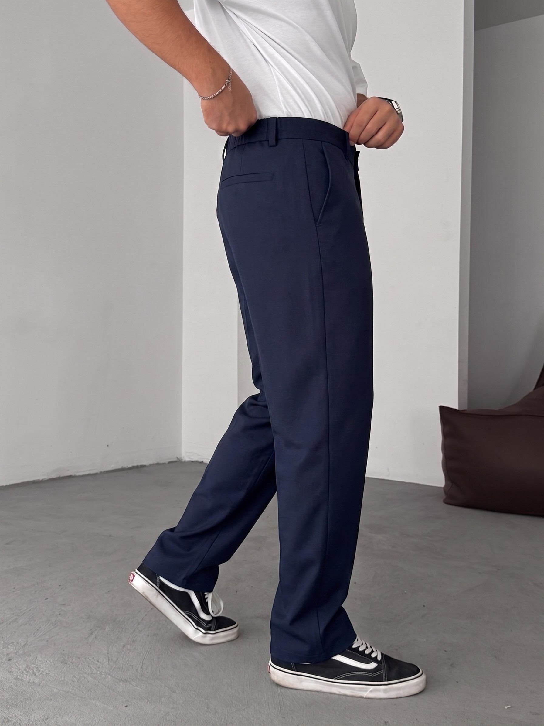 Wide Leg Chino Trousers - Navy Blue
