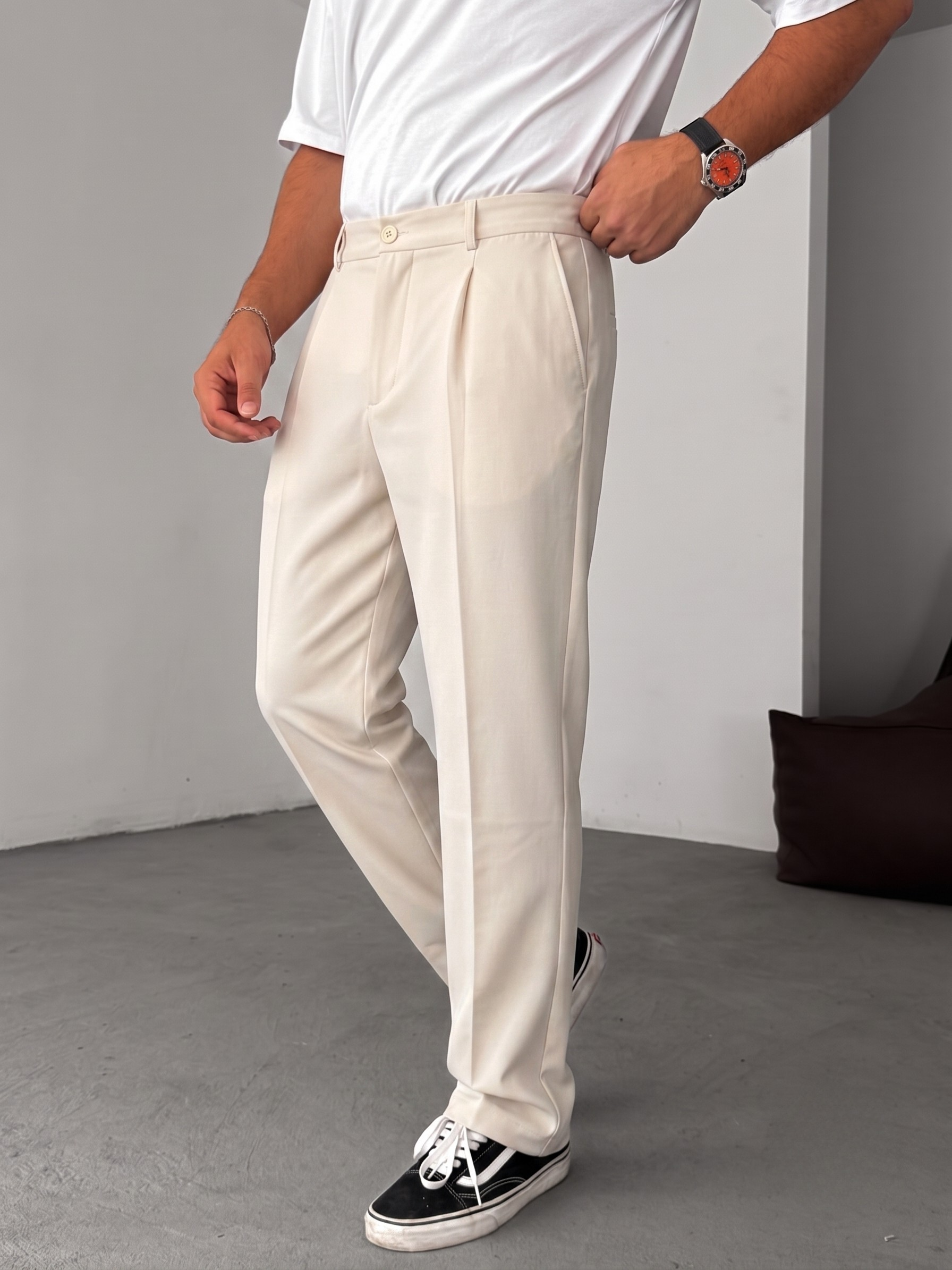 Wide Leg Chino Trousers - Beige