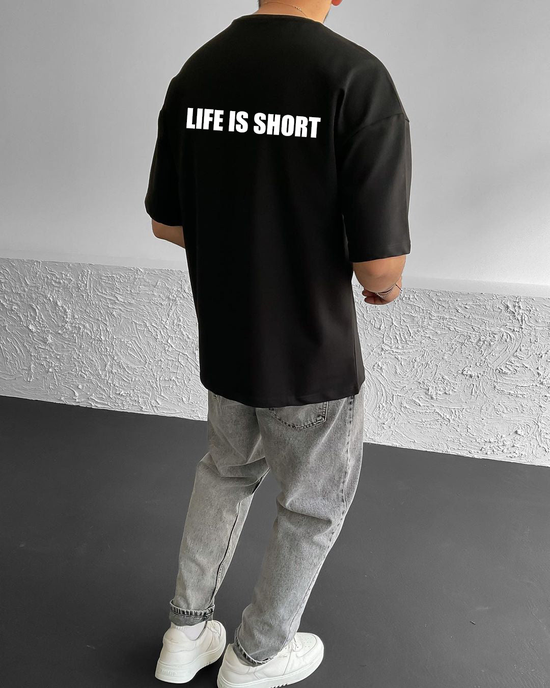 Black "Life is short" Printed Oversize T-Shirt