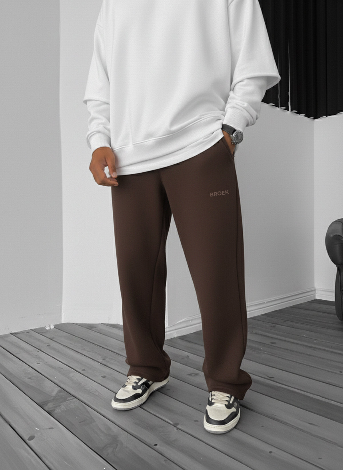 Wide-Leg Fleece Sweatpants - Brown Broek