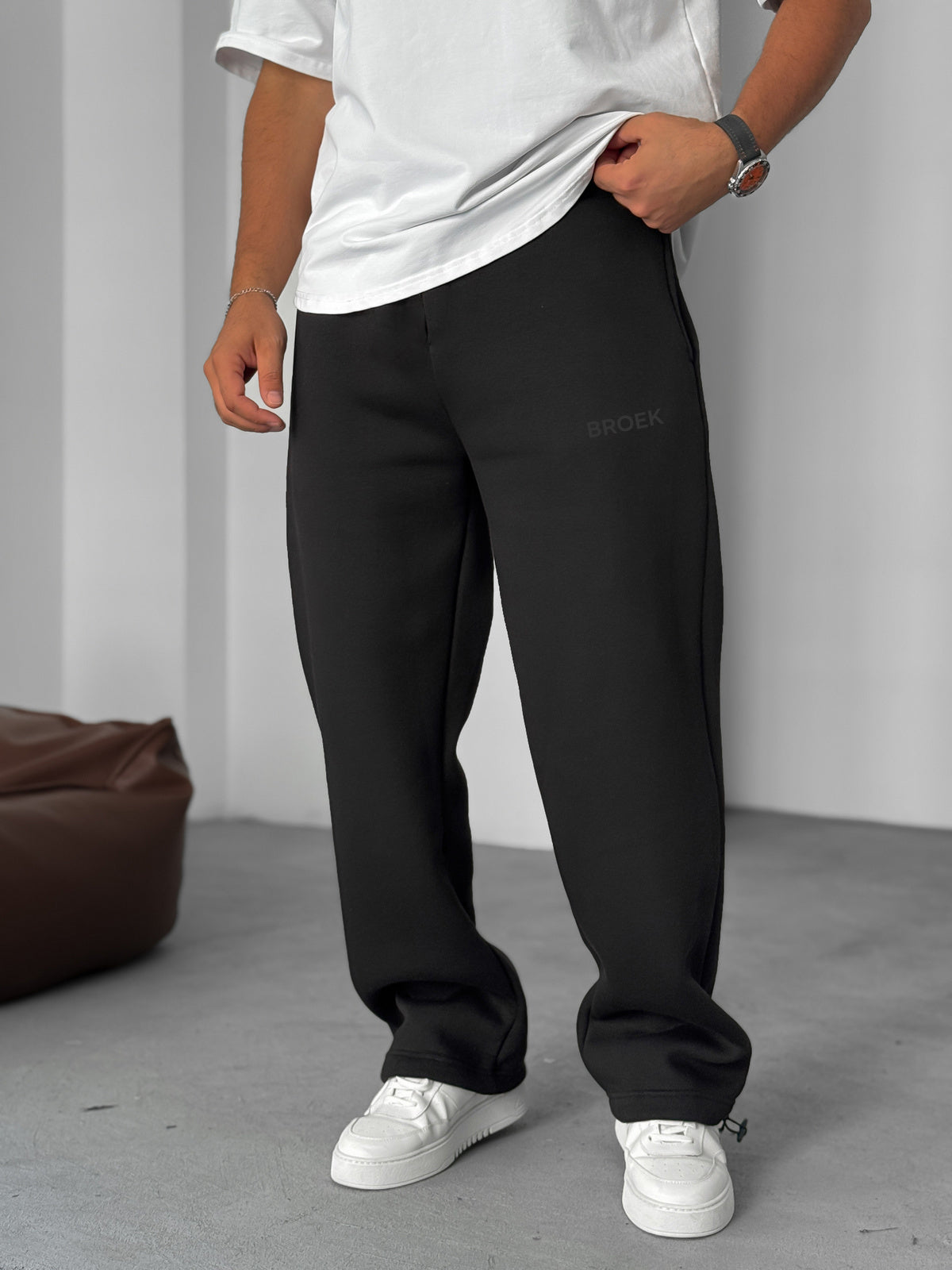 Wide-Leg Fleece Sweatpants - Black Broek