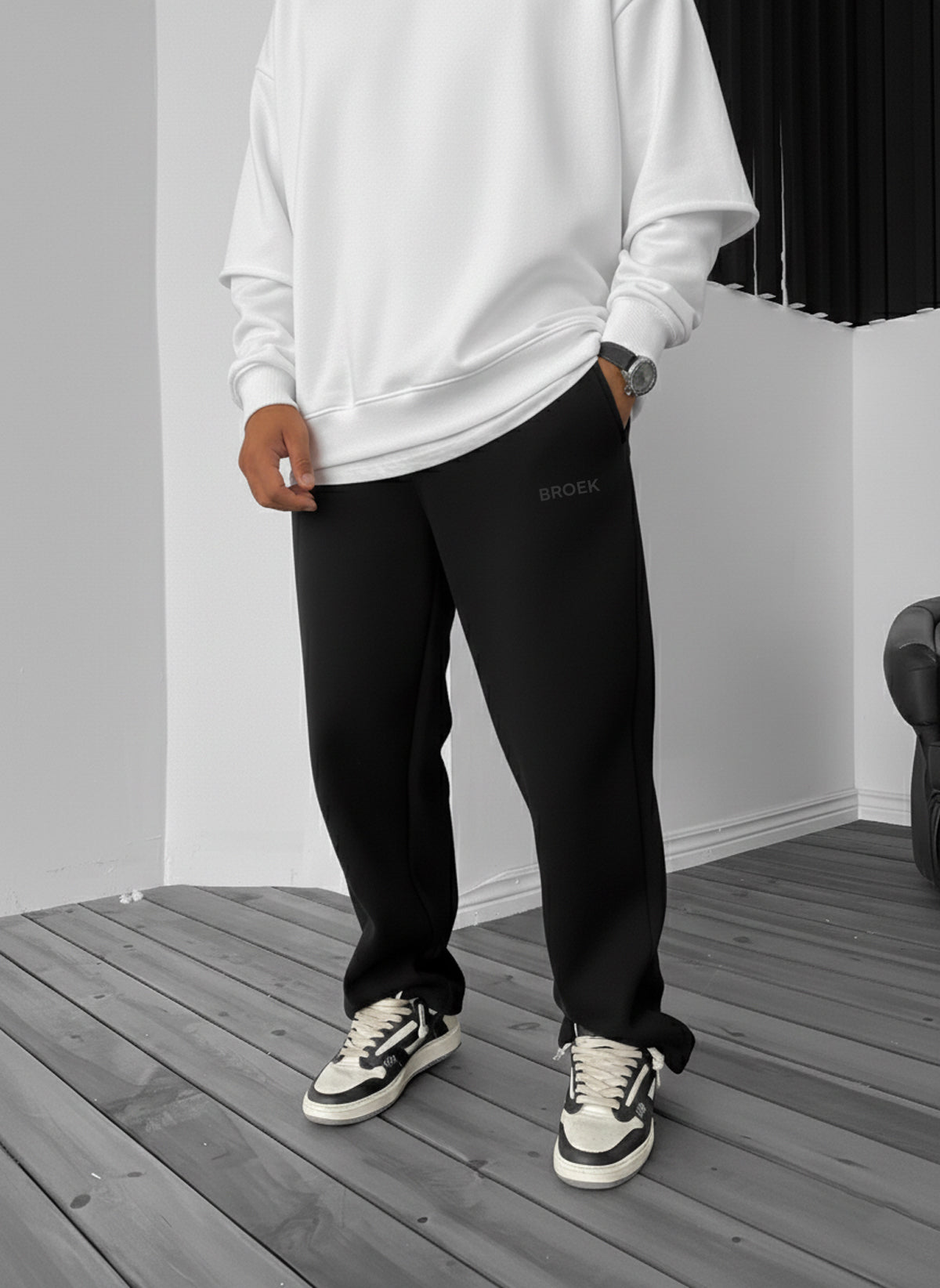 Wide-Leg Fleece Sweatpants - Black Broek