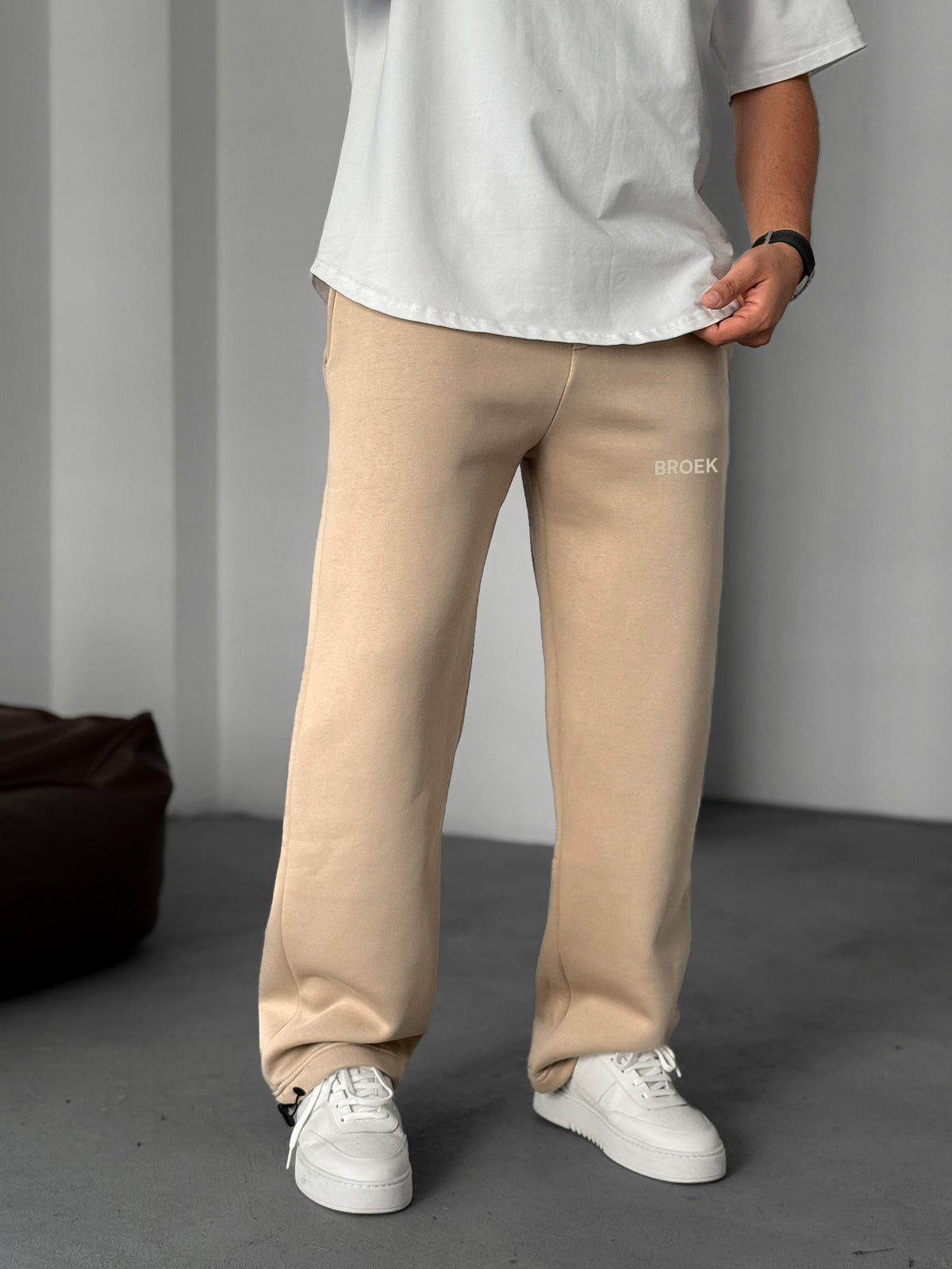 Wide-Leg Fleece Sweatpants - Beige Broek