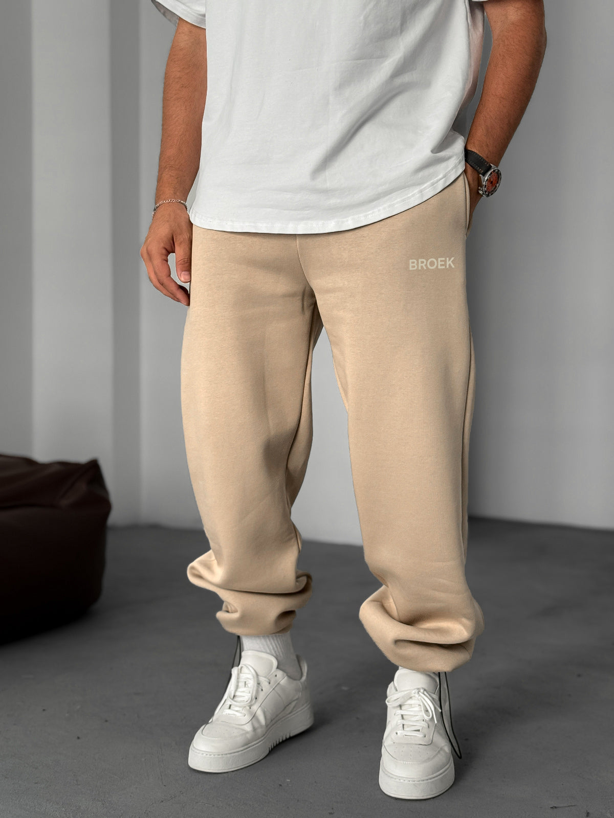 Wide-Leg Fleece Sweatpants - Beige Broek