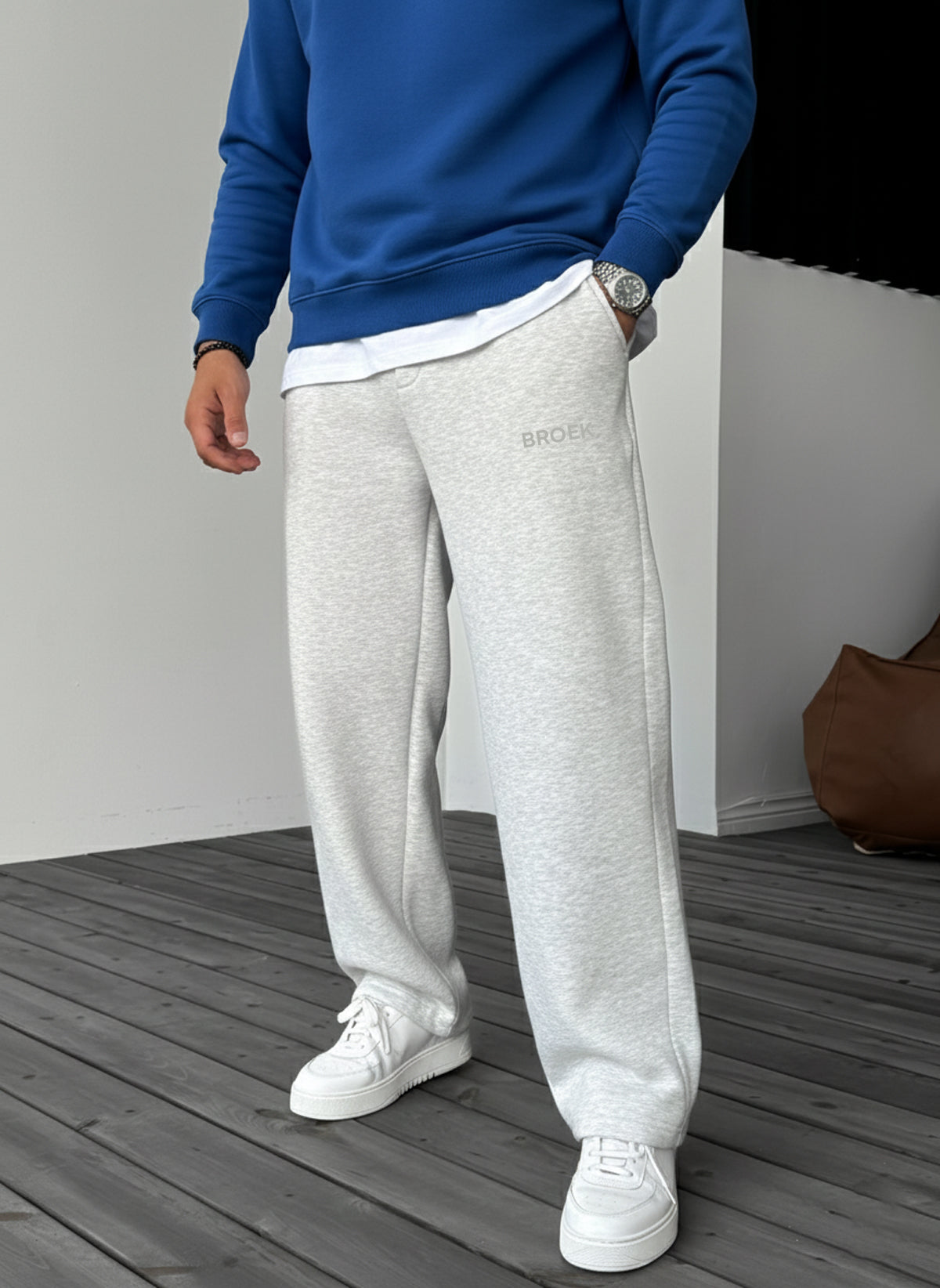 Wide-Leg Fleece Sweatpants - Melange Grey Broek