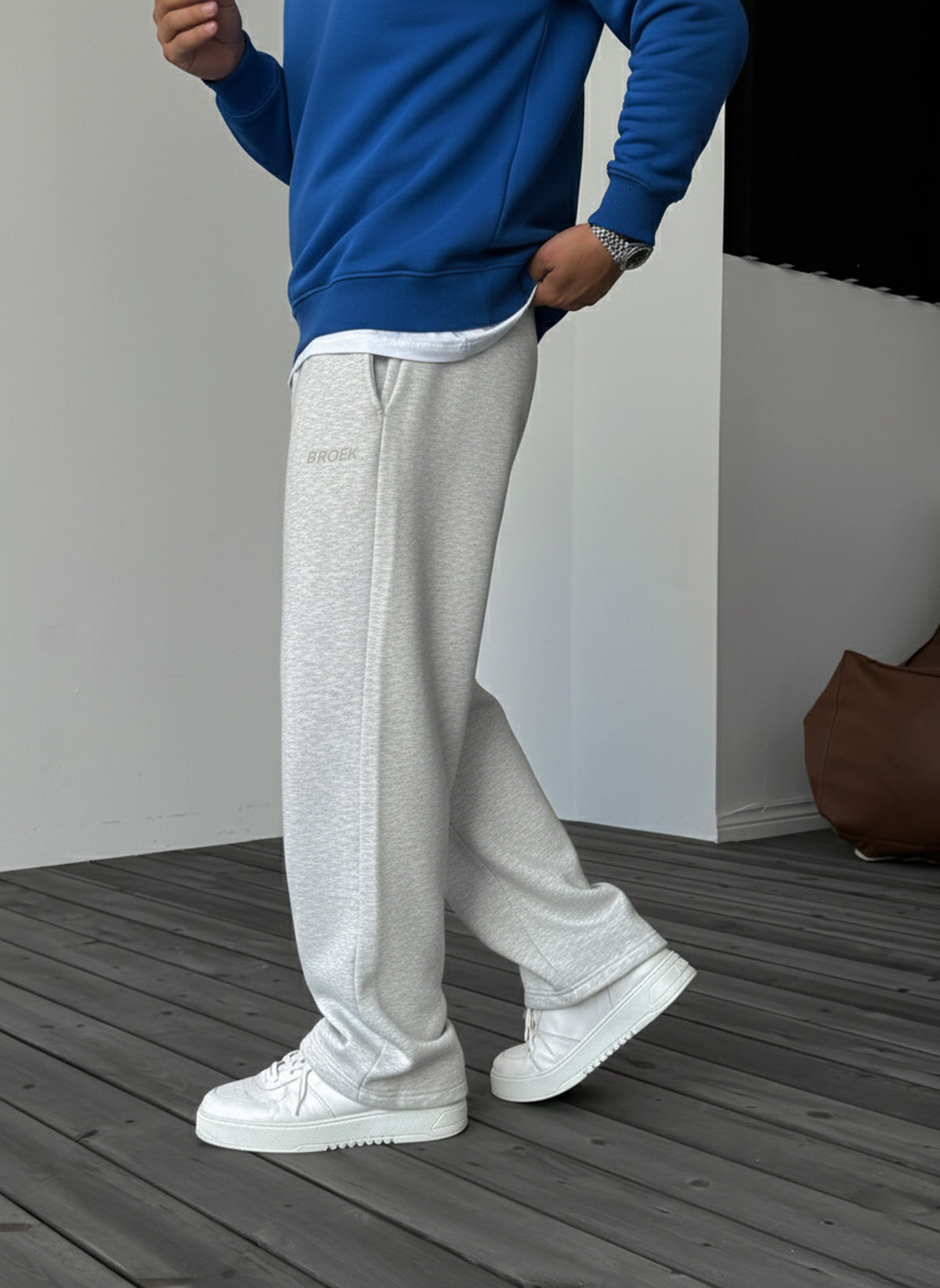 Wide-Leg Fleece Sweatpants - Melange Grey Broek