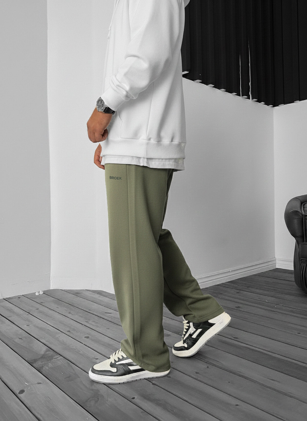 Wide-Leg Fleece Sweatpants - Army Green Broek