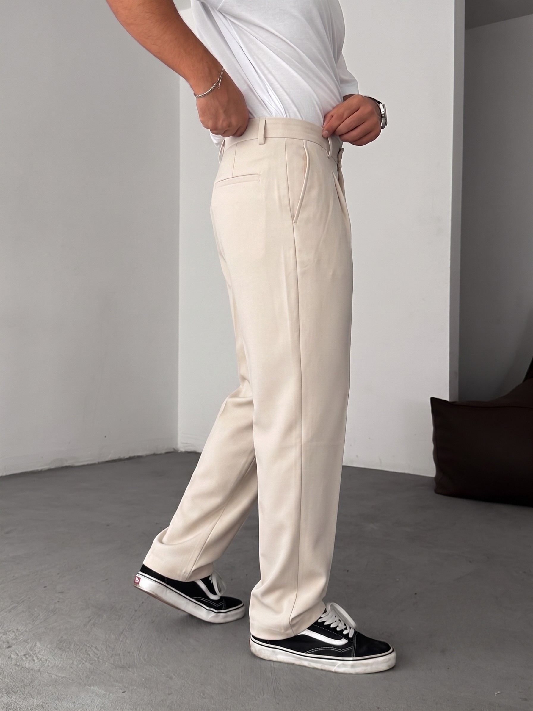 Wide Leg Chino Trousers - Beige