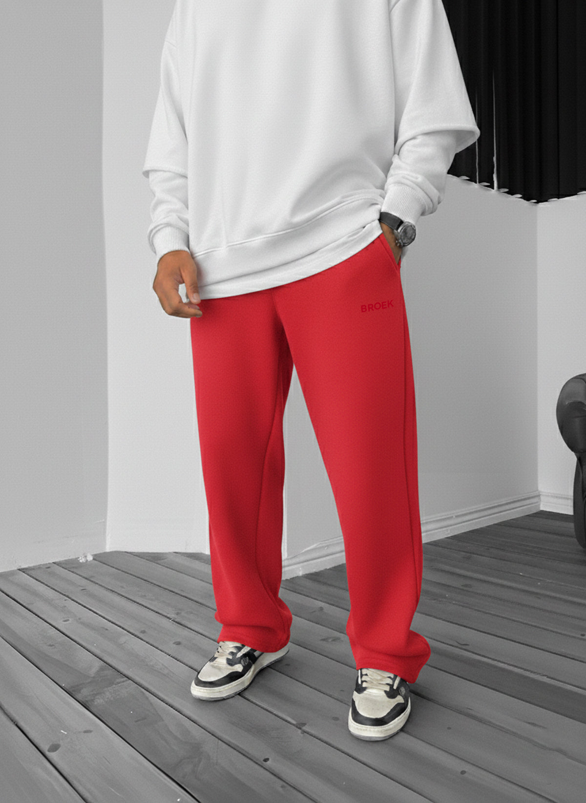 Wide-Leg Fleece Sweatpants - Red Broek
