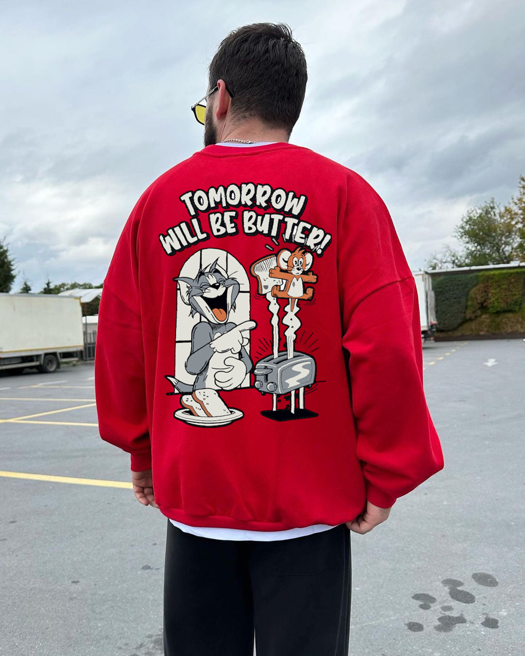 Red "tomorrow-will-be-butter" Printed Oversize Sweatshirt