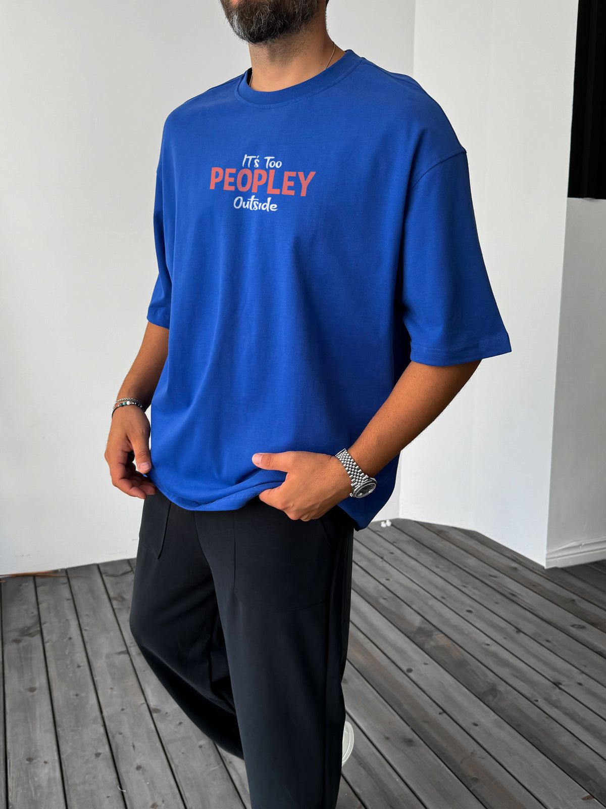 Royal Blue "It's Too Peoply" printed Oversize T-Shirt