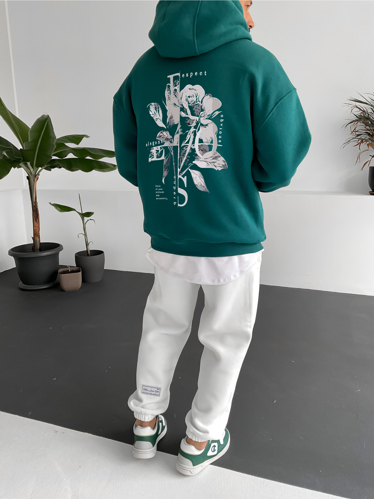 Dark Green "Flower" Printed Oversize Hoodie