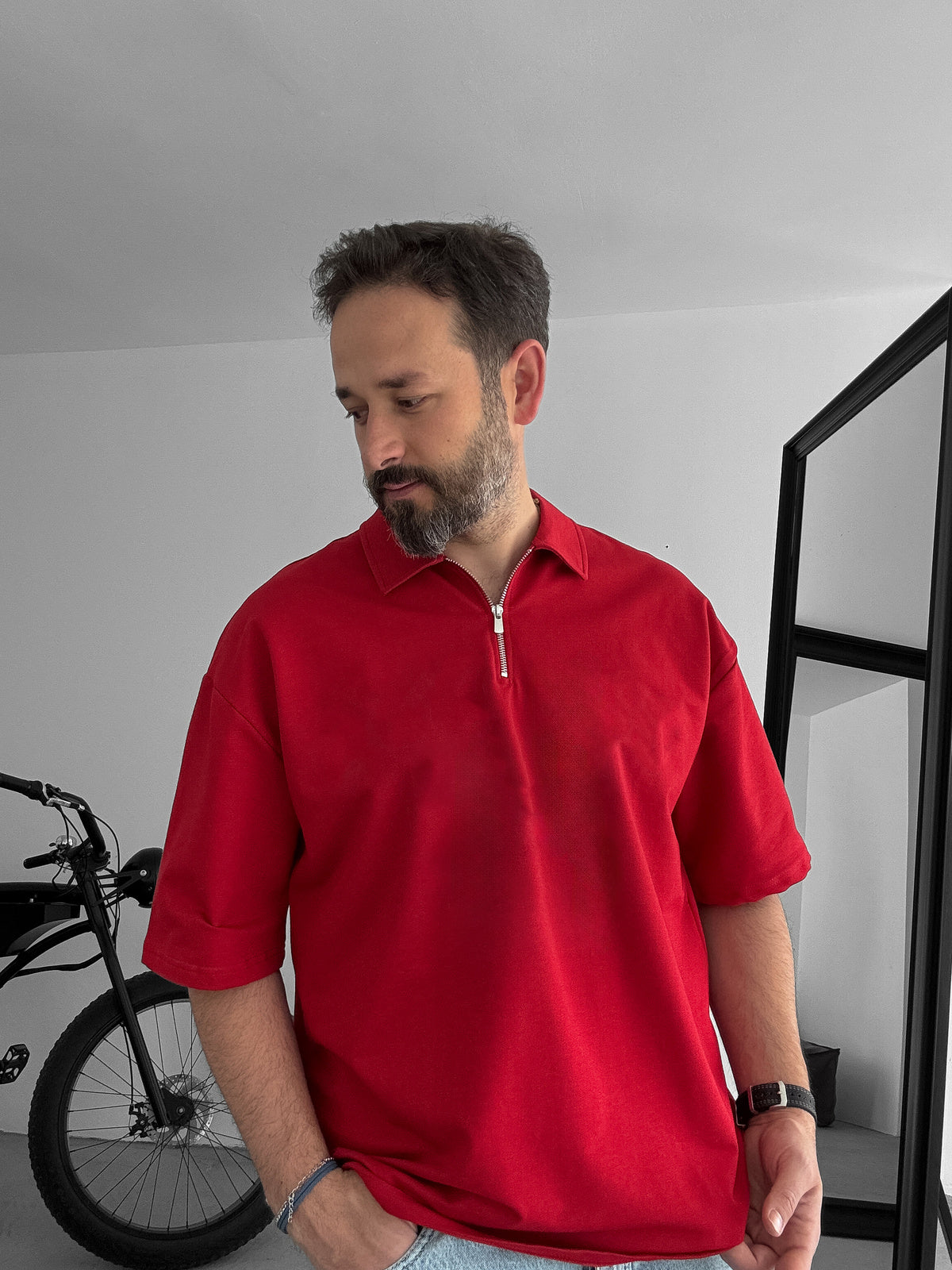 Red Basic Half Zipper T-Shirt
