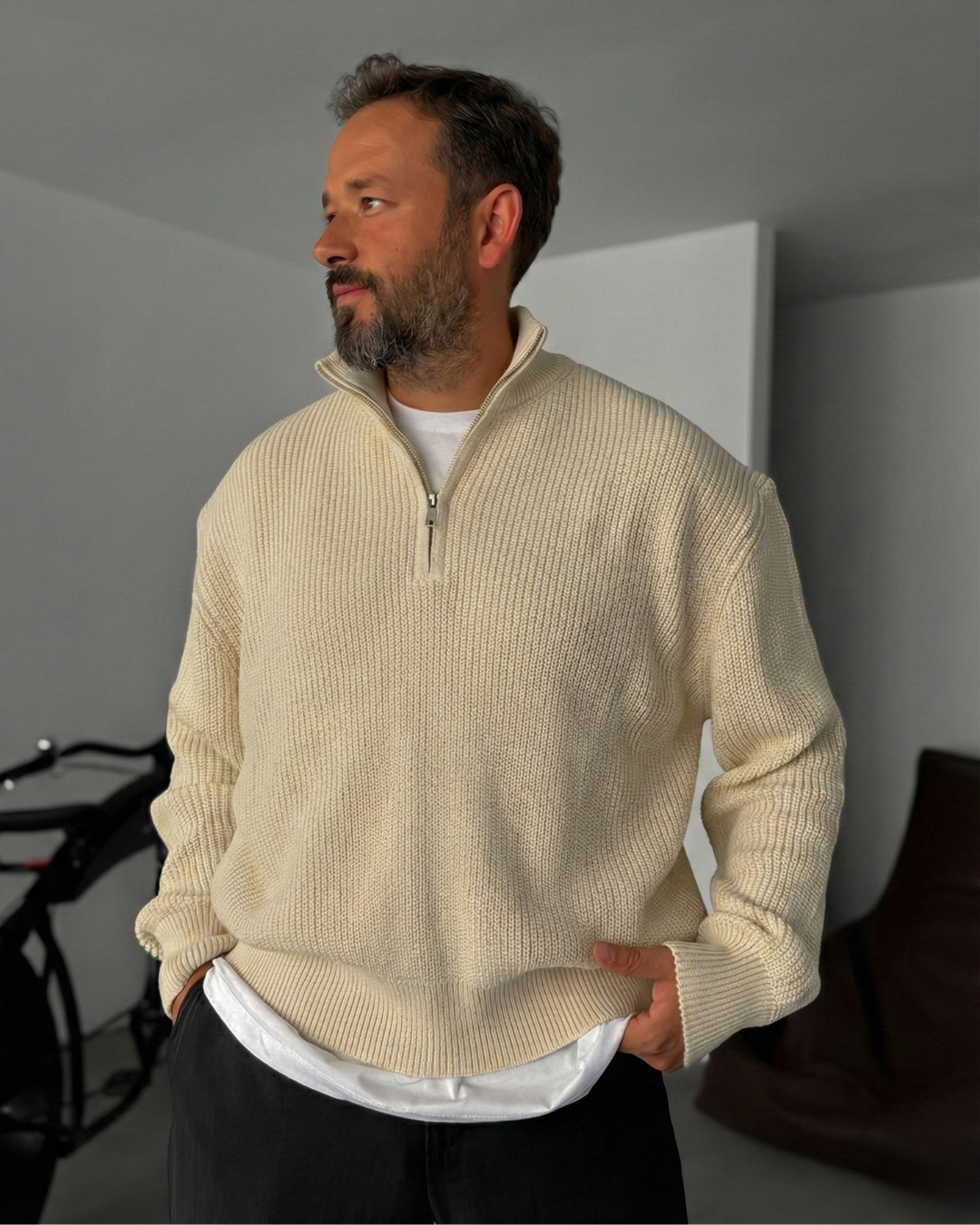 Premium Ribbed Quarter-Zip Knit Sweater - Beige