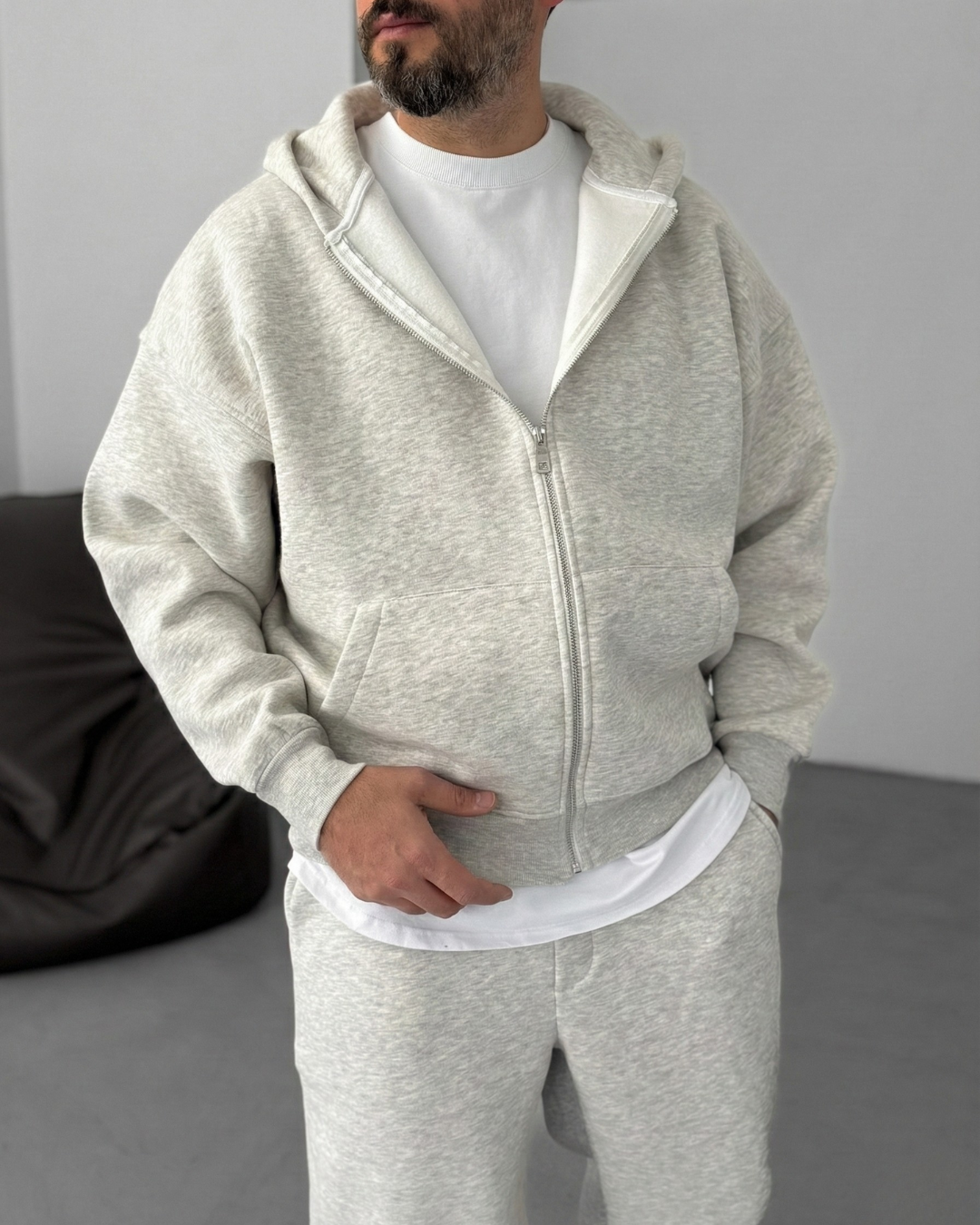 Zip-Up Hoodie - Melange Grey