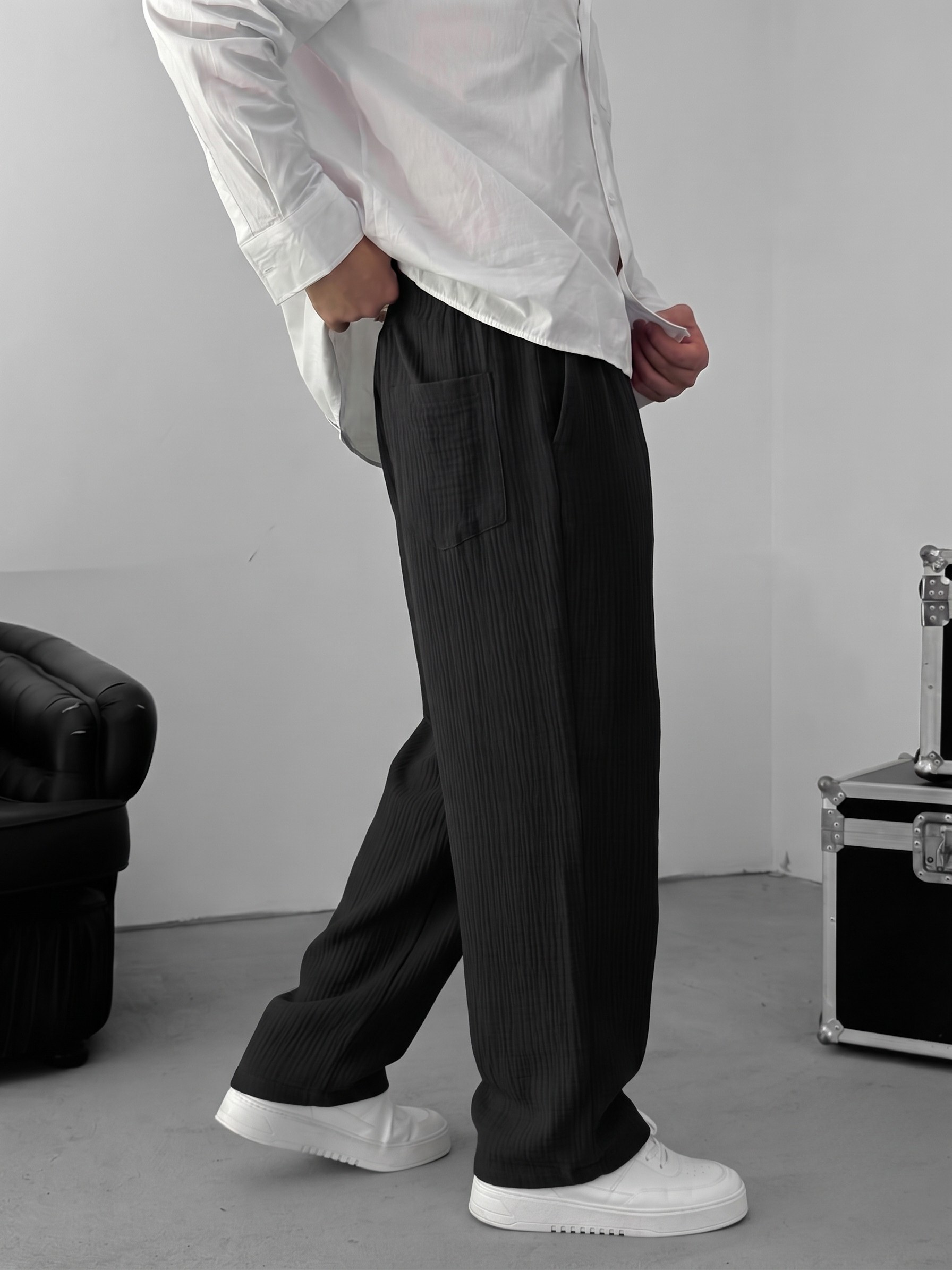 Muslin Wide-Leg Trousers — Black