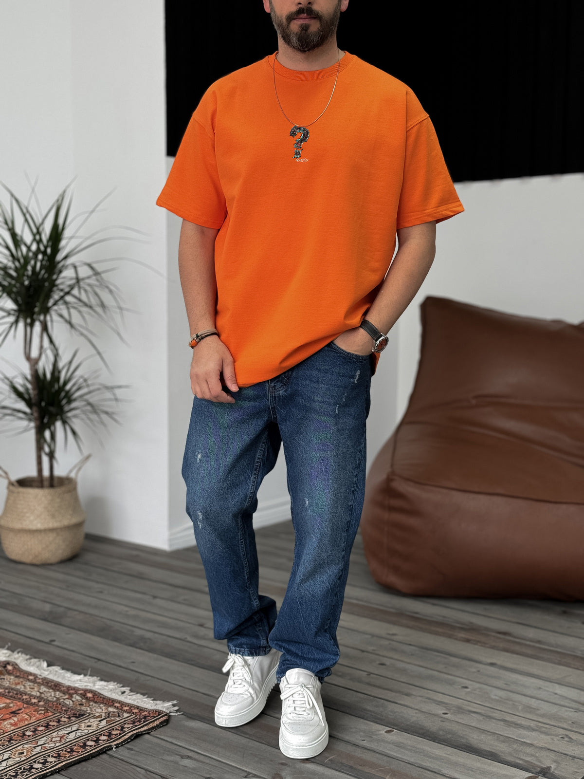 Orange "Question" printed Oversize T-Shirt