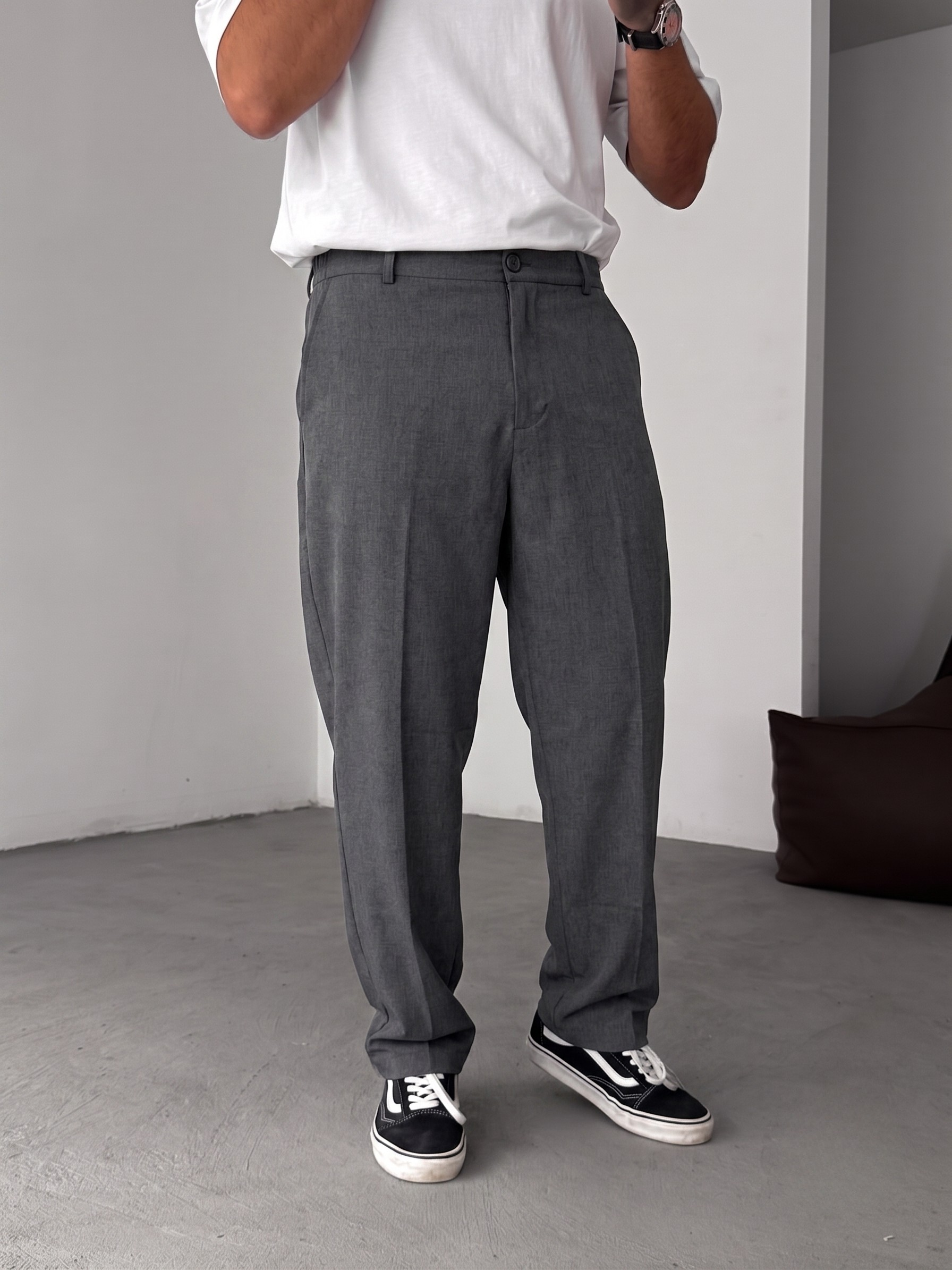 Wide Leg Chino Trousers - Dark Grey