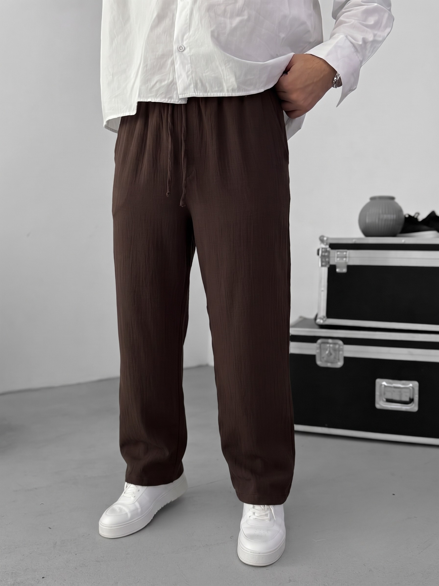 Muslin Wide-Leg Trousers — Brown