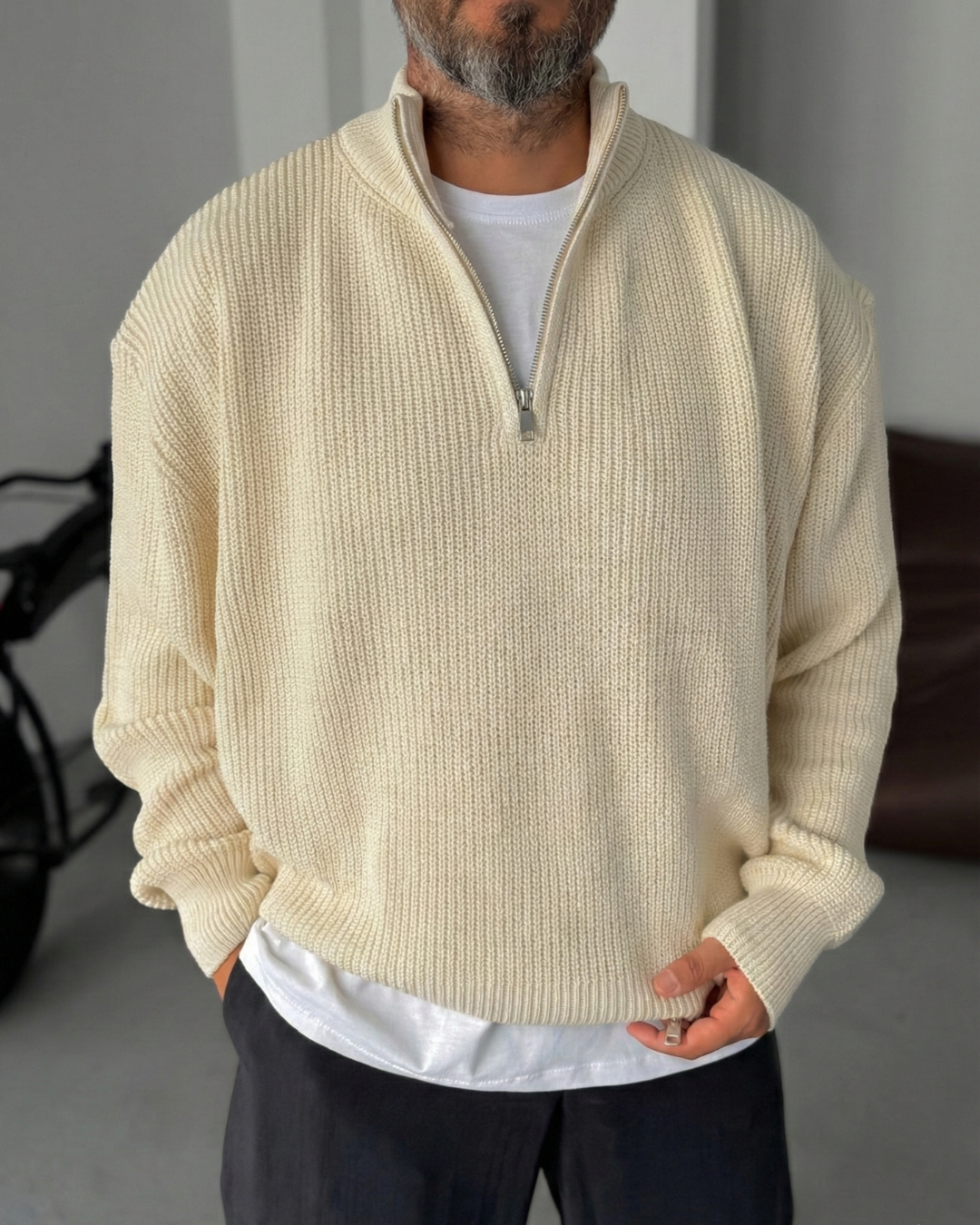Premium Ribbed Quarter-Zip Knit Sweater - Beige
