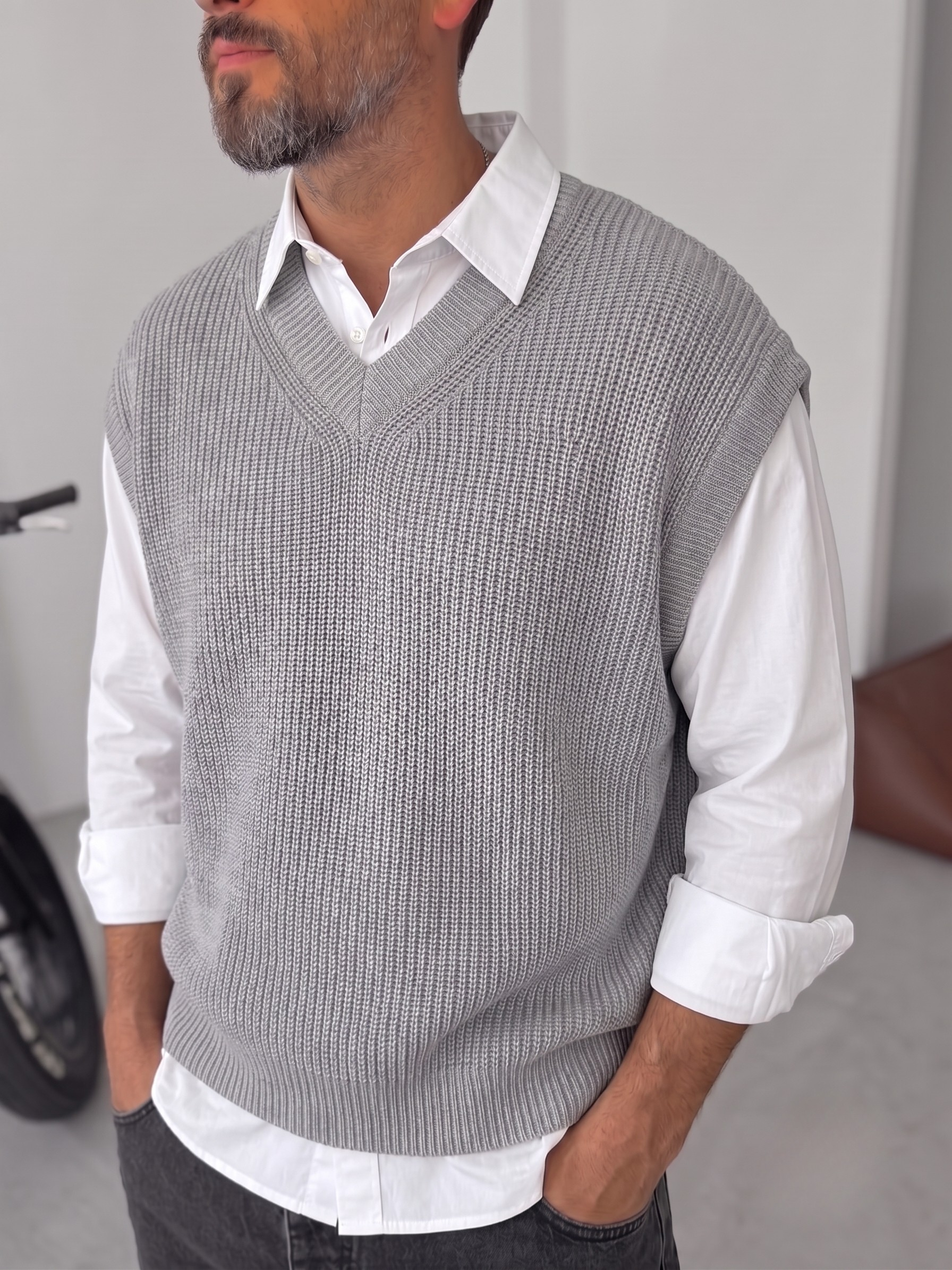 Grey Sleeveless Knit Vest – V-Neck