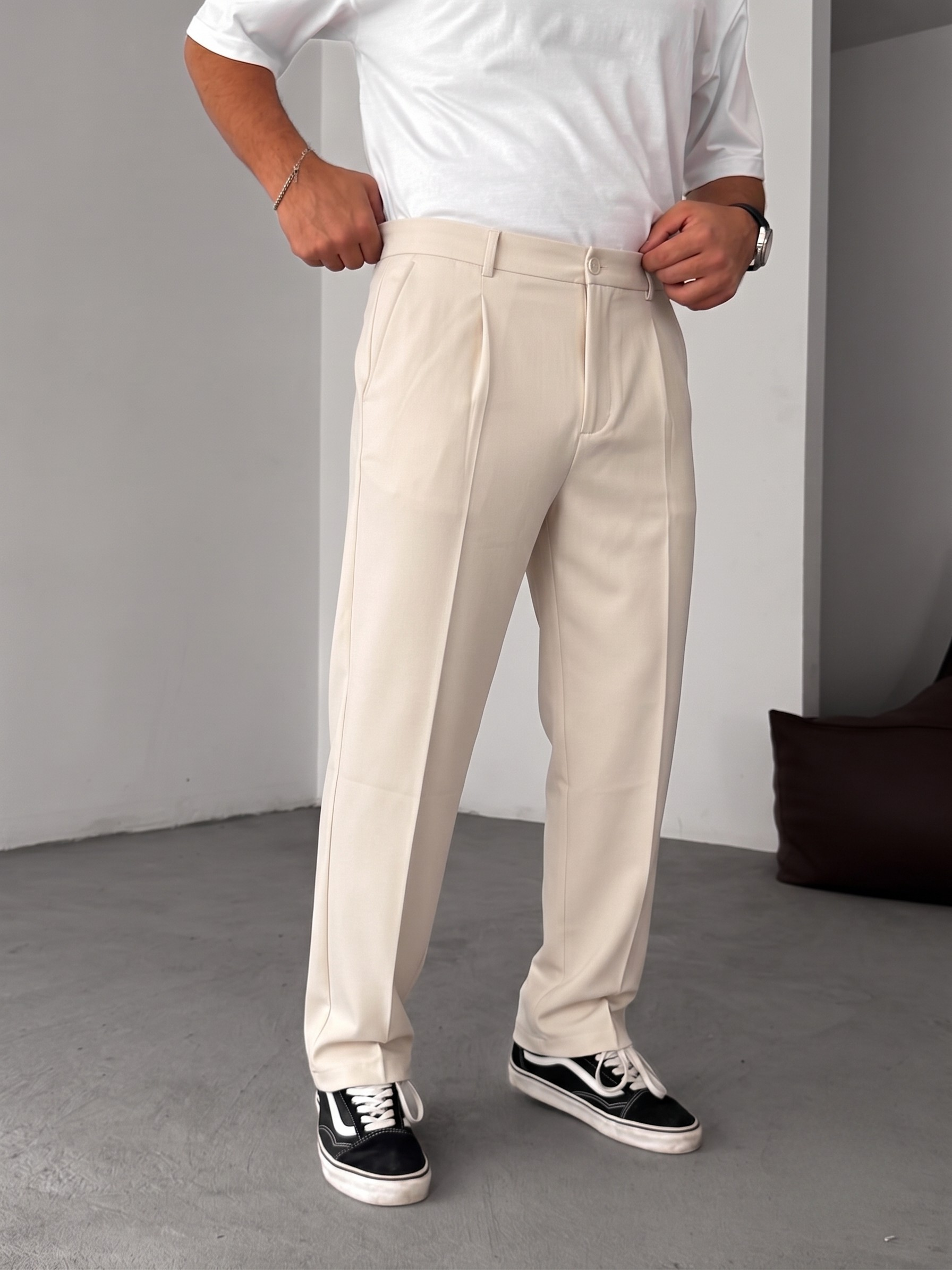 Wide Leg Chino Trousers - Beige