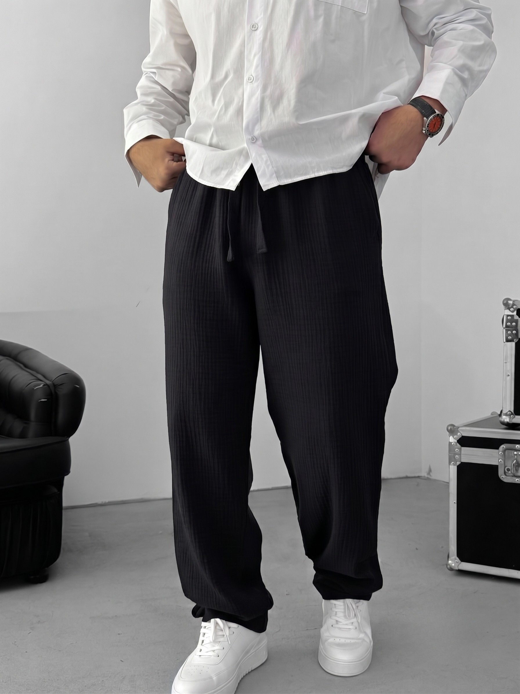 Muslin Wide-Leg Trousers — Black