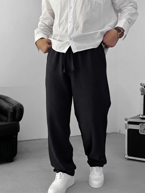 Muslin Wide-Leg Trousers — Black