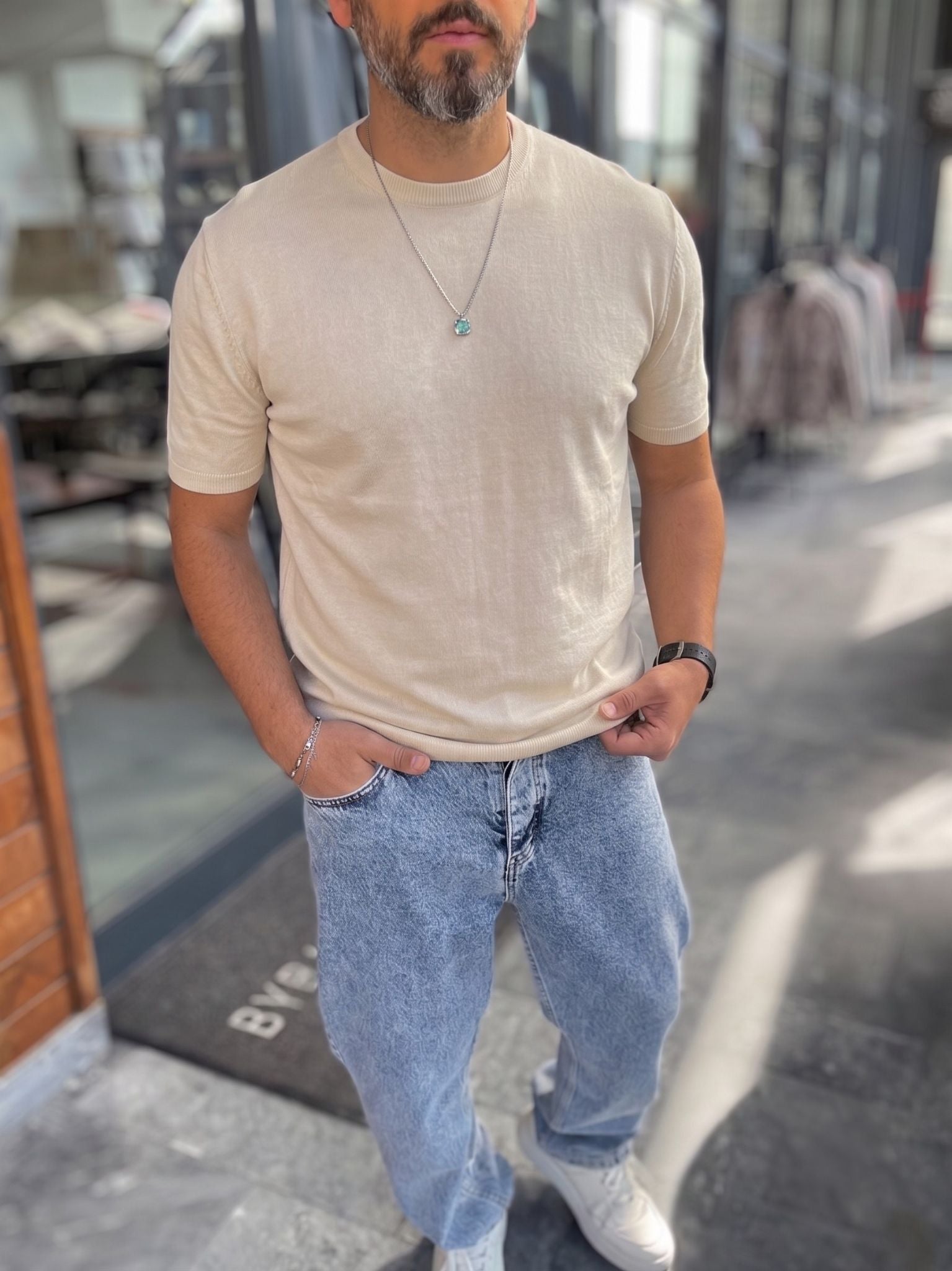 Beige Crewneck Knitted Tee