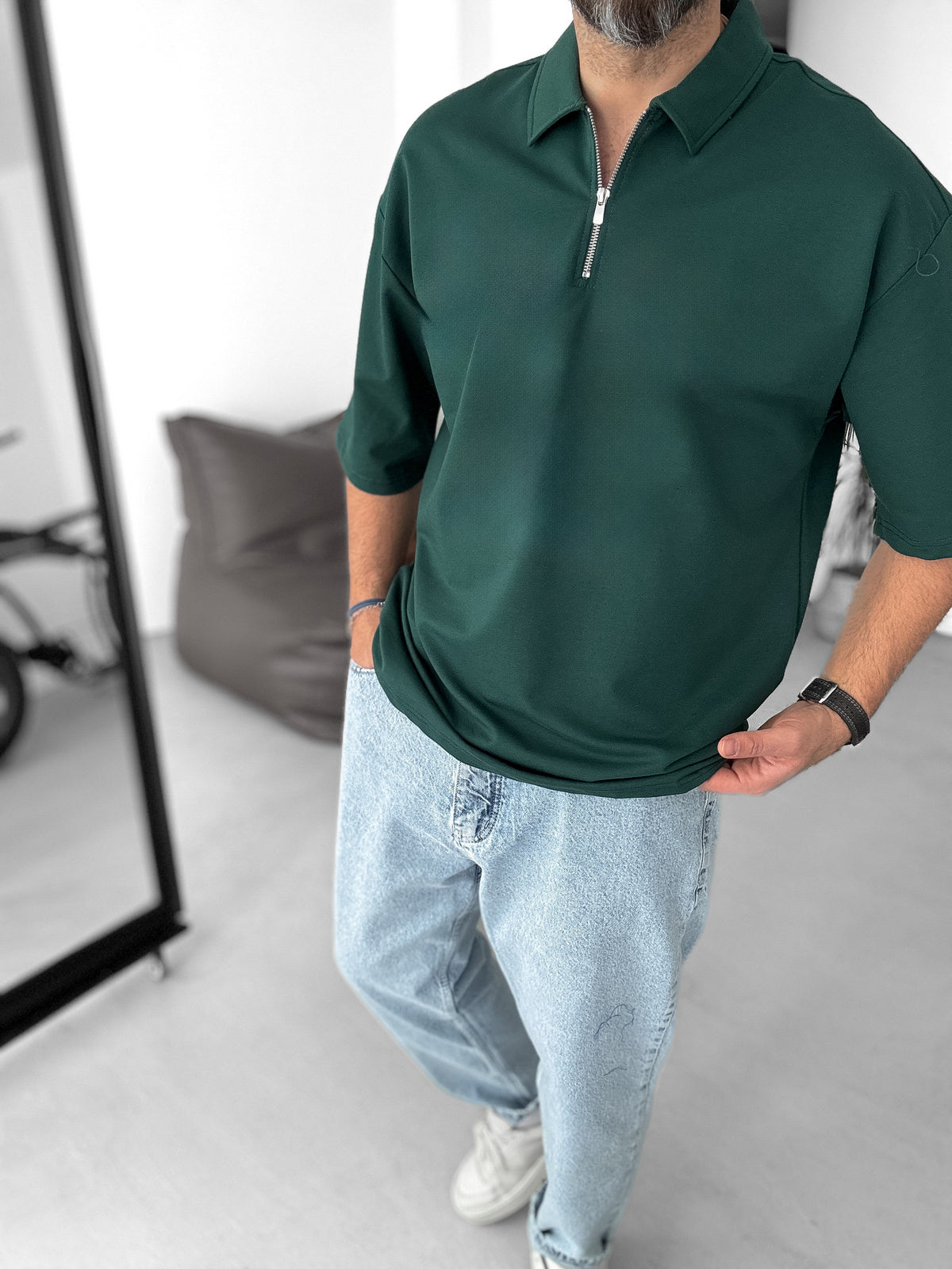 Olive-Green Basic Half Zipper T-Shirt
