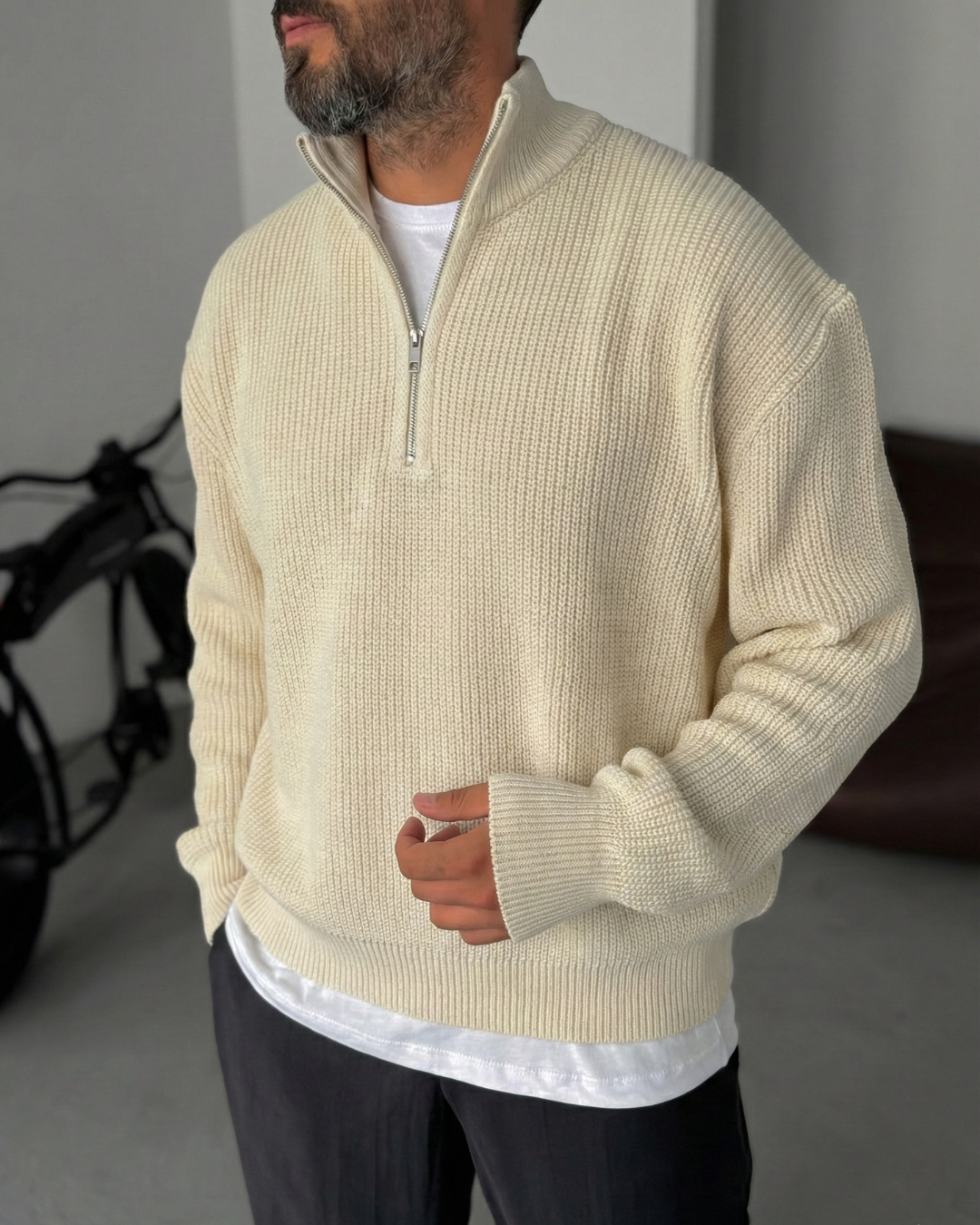 Premium Ribbed Quarter-Zip Knit Sweater - Beige