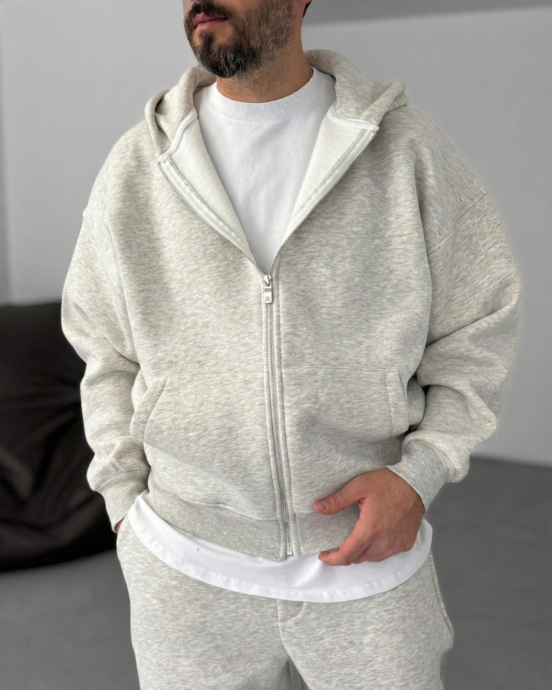 Zip-Up Hoodie - Melange Grey