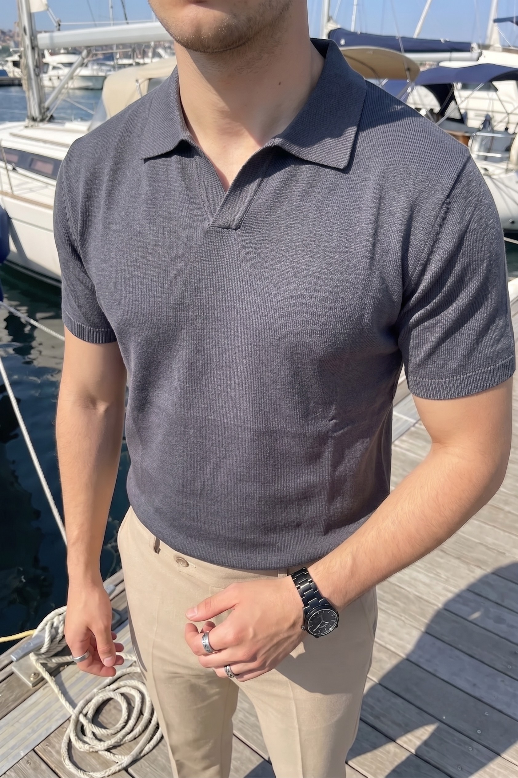 Knitted Polo T-Shirt – Dark Grey