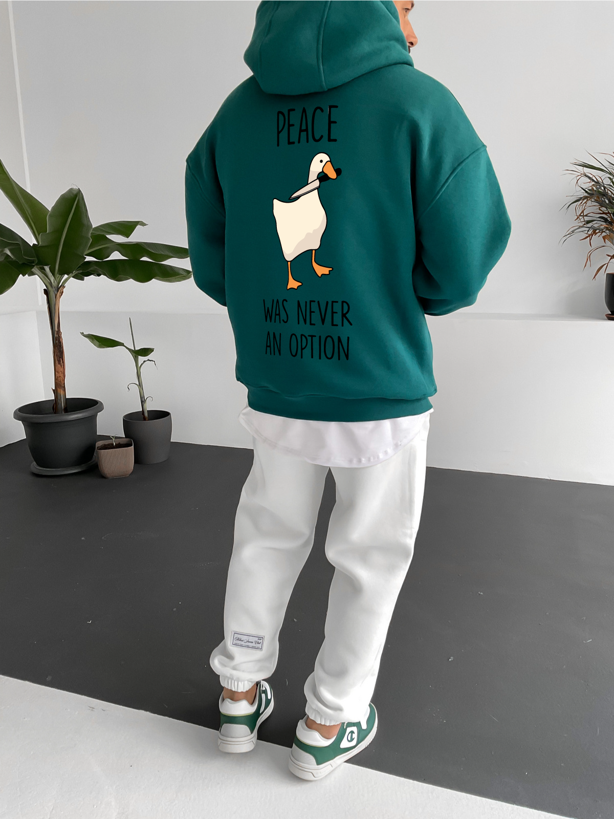 Dark Green "Peace" Printed Oversize Hoodie