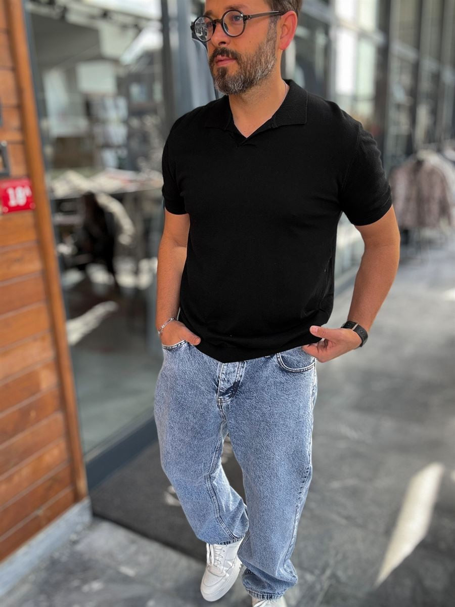 Knitted Polo T-Shirt – Black