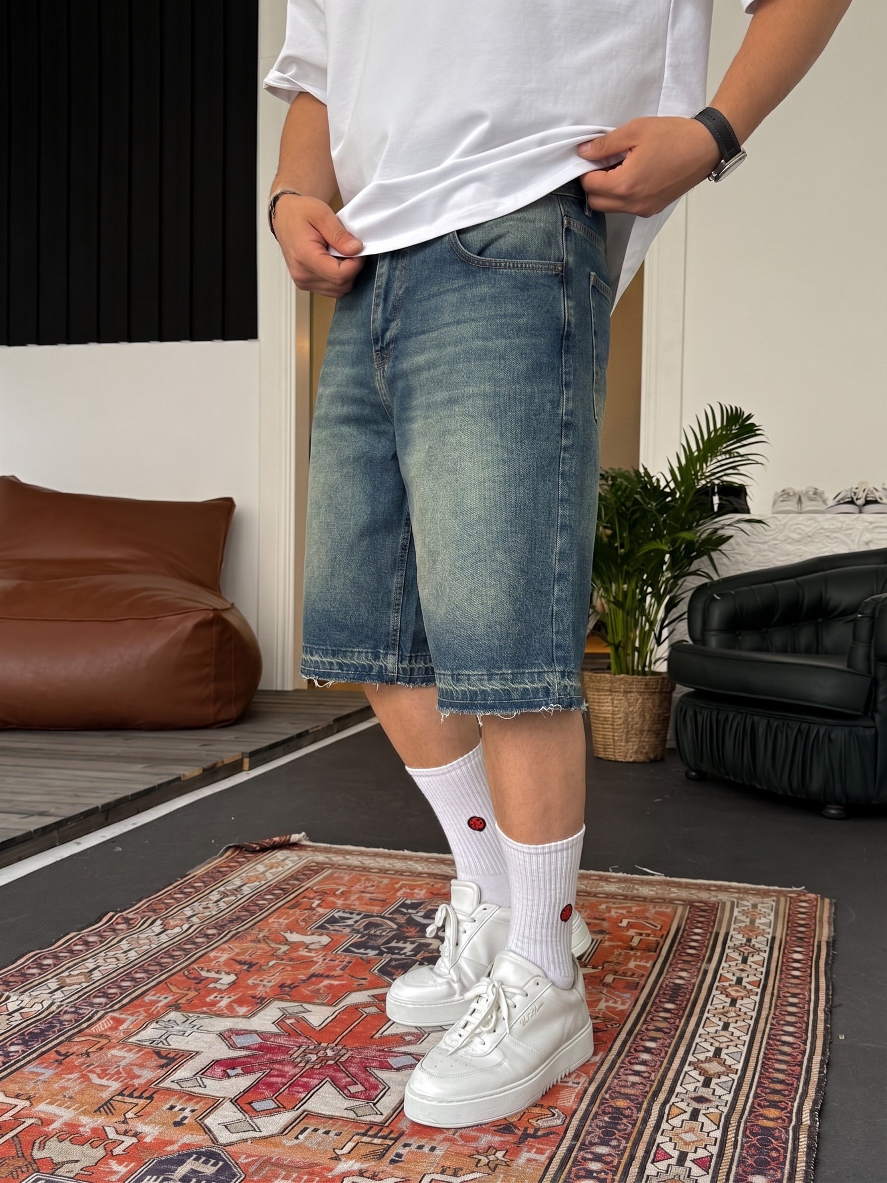 Stone Blue Wash Unfinished Hem Denim Shorts