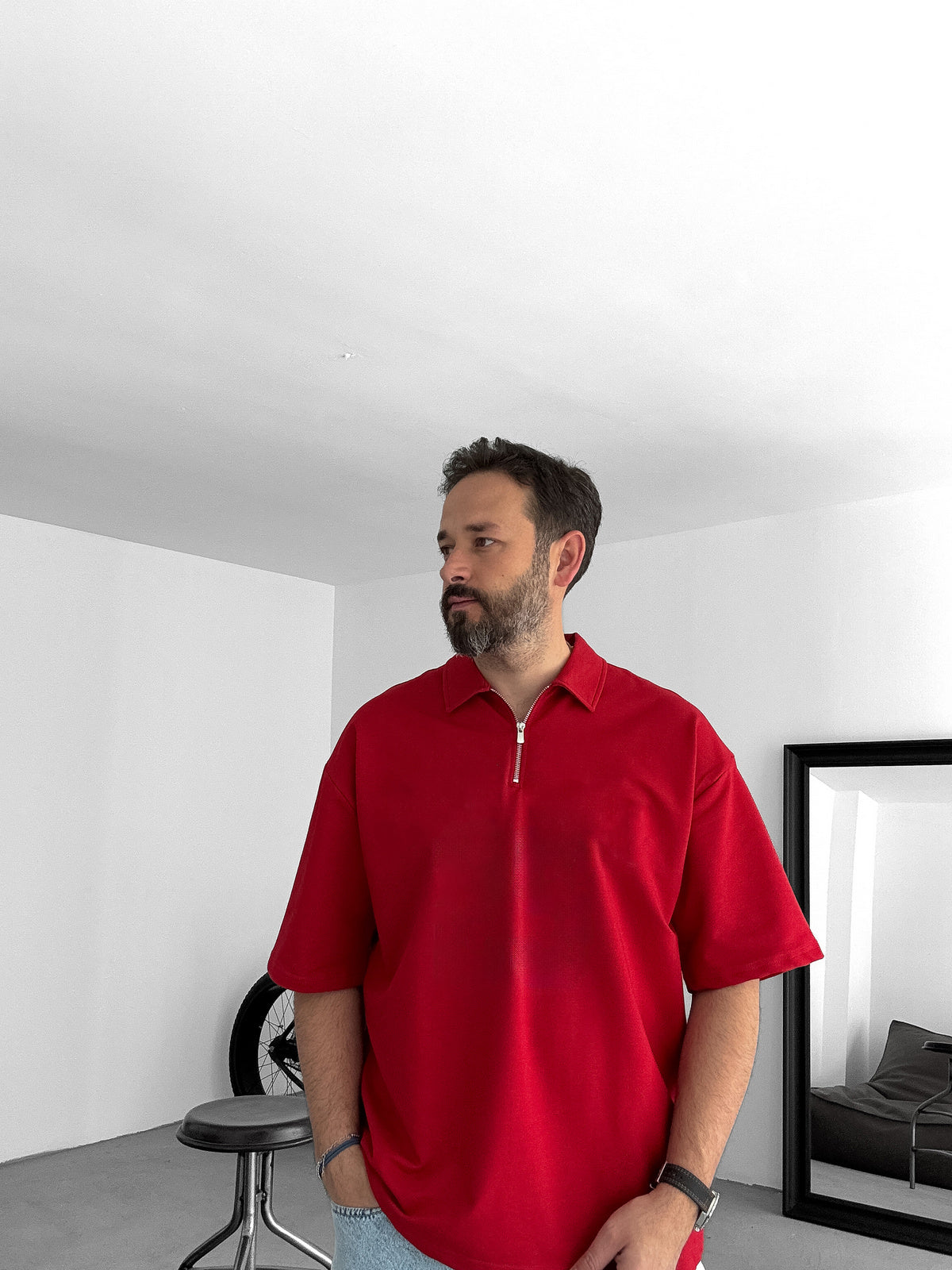 Red Basic Half Zipper T-Shirt